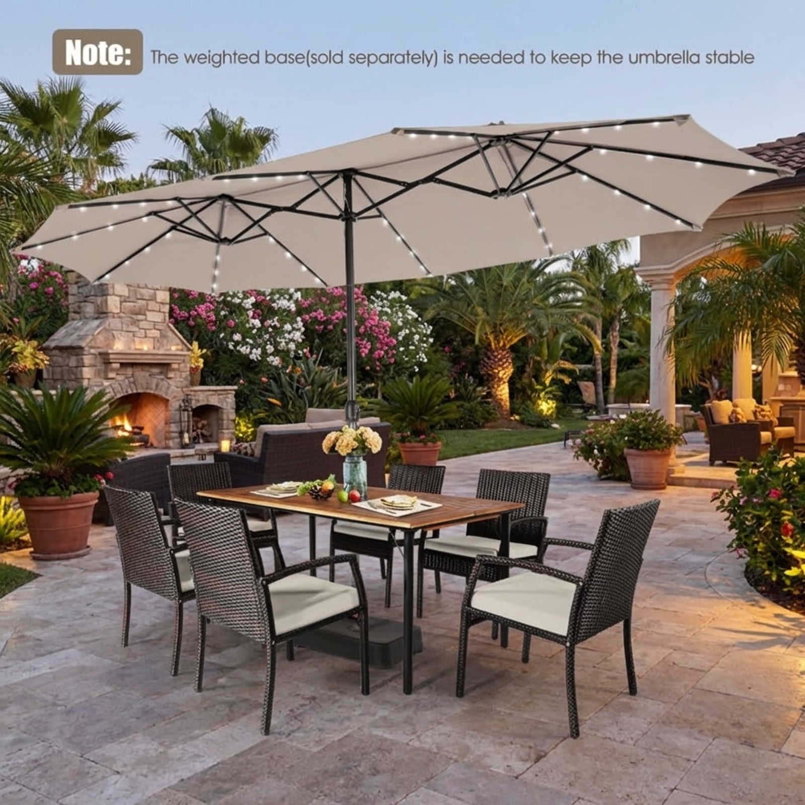 Biotree 15 Feet Twin Patio Umbrella with 48 Solar LED Lights-Beige Beige/Light Brown/Orange/Dark Red/Gray/Turquoise