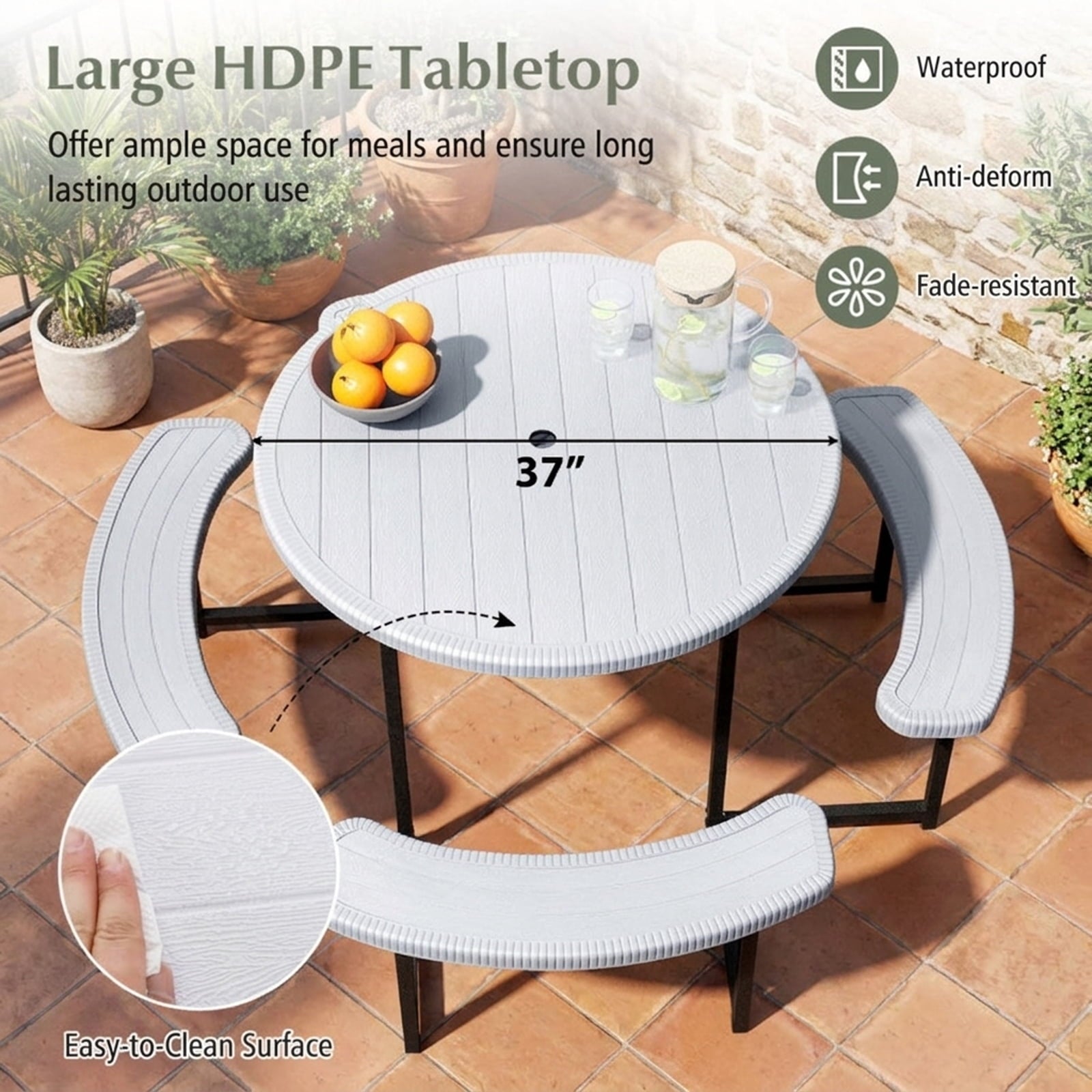 Biotree 62-Inch Round Picnic Table Bench Set with 4 Benches and Umbrella Hole for Patio Lawn, White