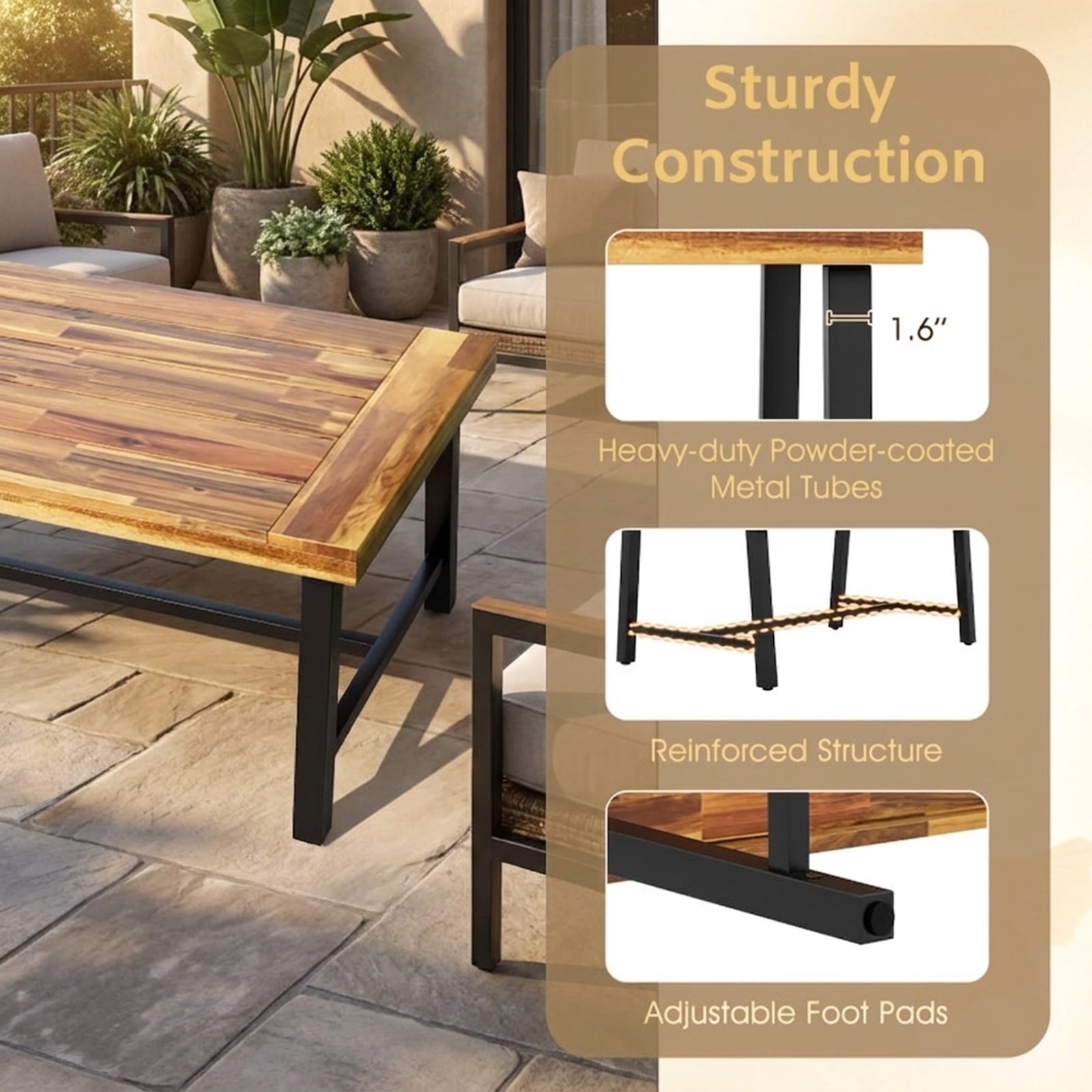 Biotree Acacia Wood Coffee Table with Thickened Top and Heavy-duty Metal Legs, Black