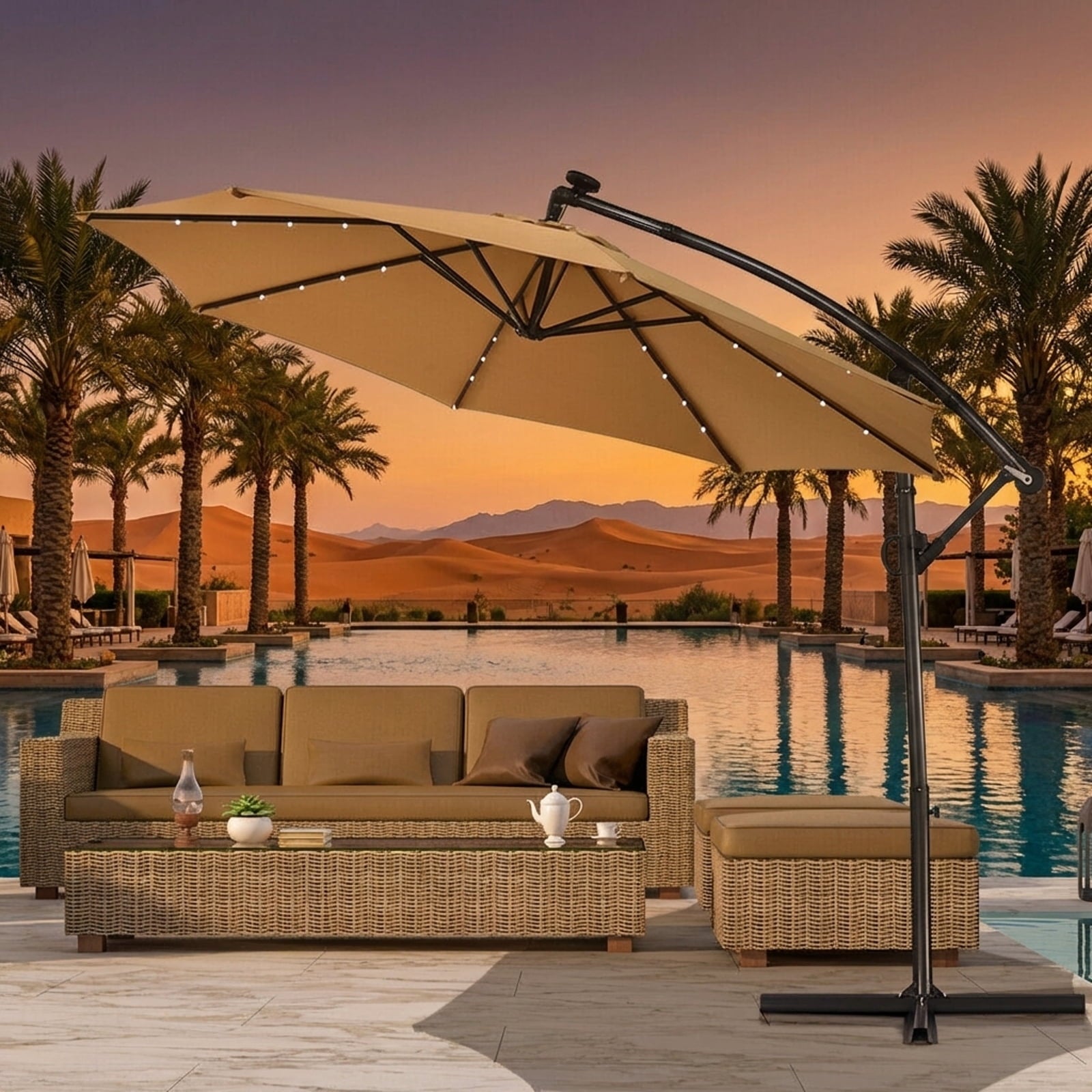 Biotree 10 ft 360¡ã Rotation Solar Powered LED Patio Offset Umbrella without Weight Base-Beige Outdoor
