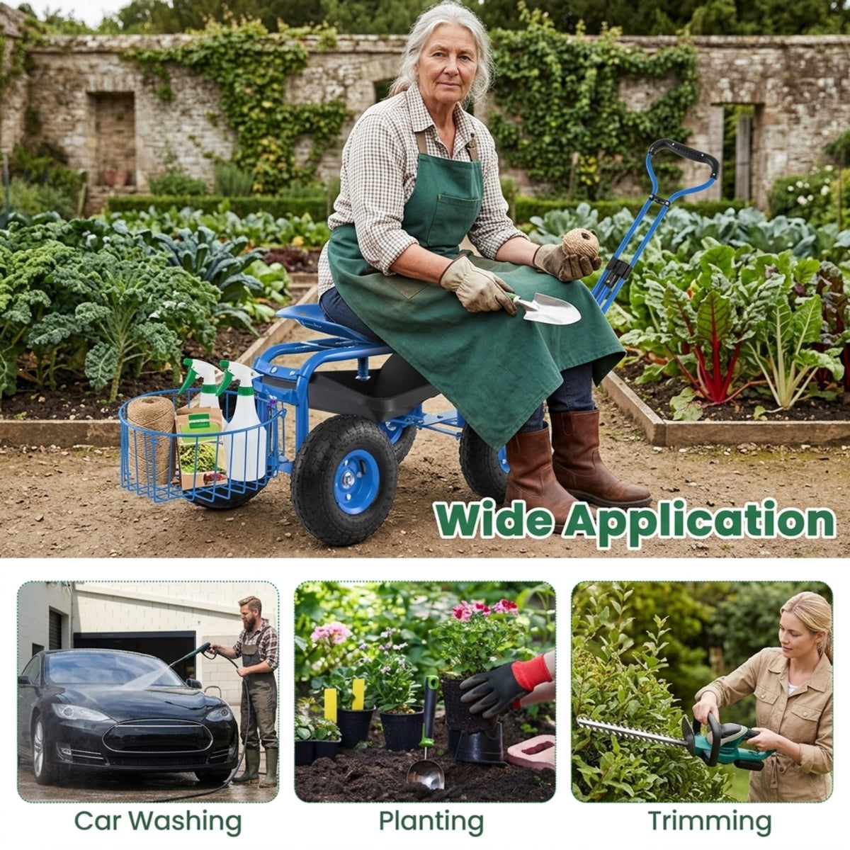 Biotree Rolling Garden Cart with 360¡ã Swivel Seat, Height Adjustable Garden Scooter, Heavy Duty Yard Cart with Tool Tray and Storage Basket for Gardening Weeding Yard Work Blue