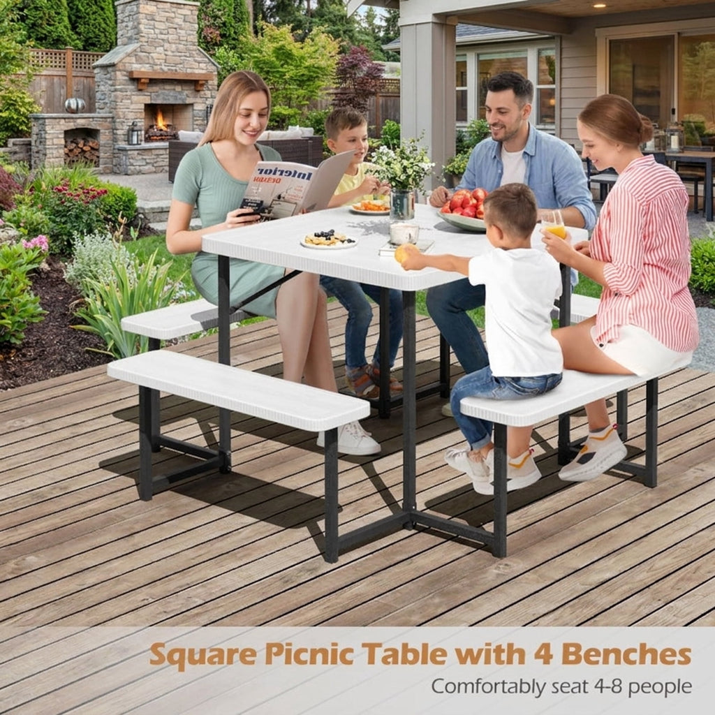 Biotree 63-Inch Outdoor Square Picnic Table Bench Set for 4-8 People with Umbrella Hole, White