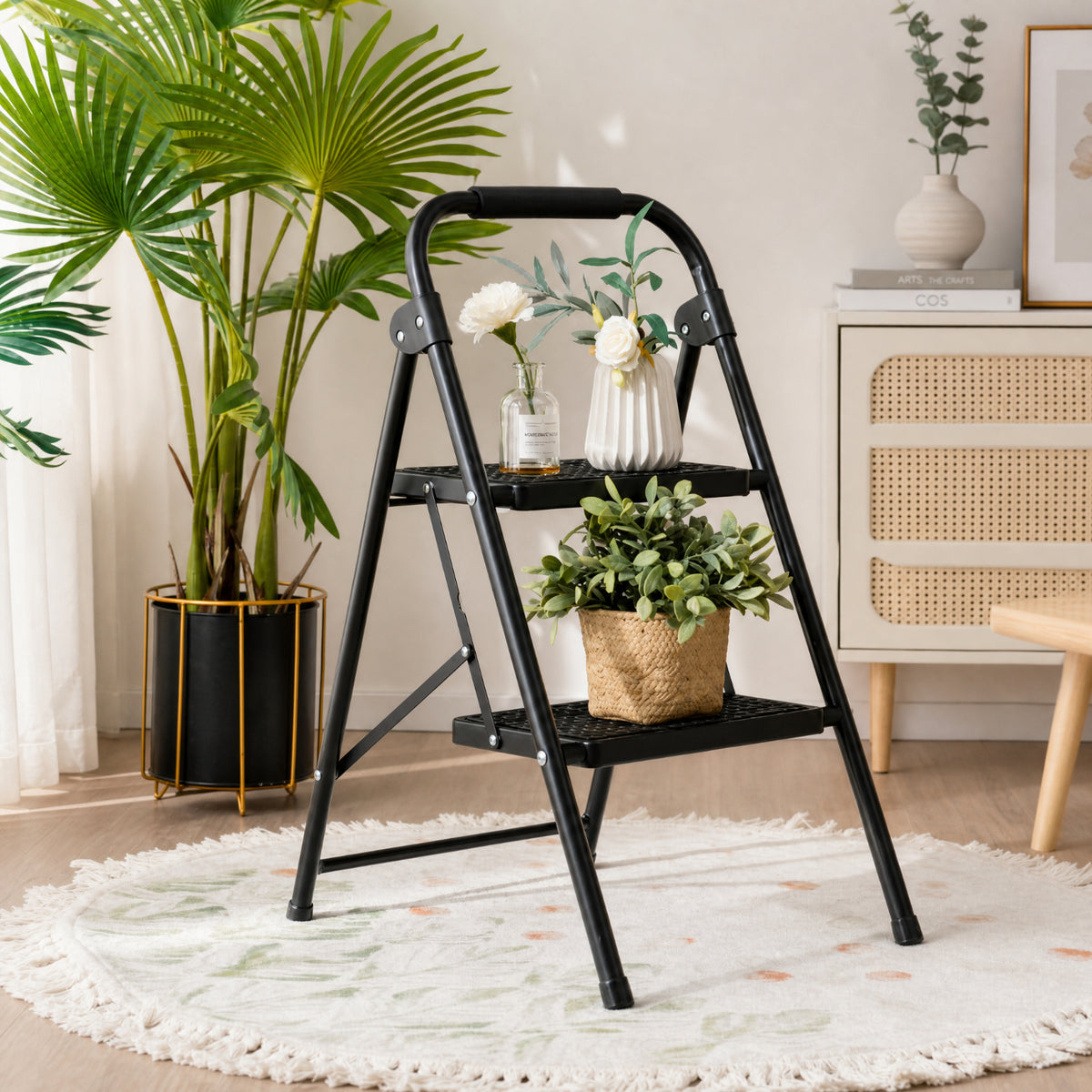 Biotree 2-Step Folding Step Ladder with 330 lb Capacity, Wide Anti-Slip Pedals and Padded Handrail for Kitchen, Home and Garage, Black