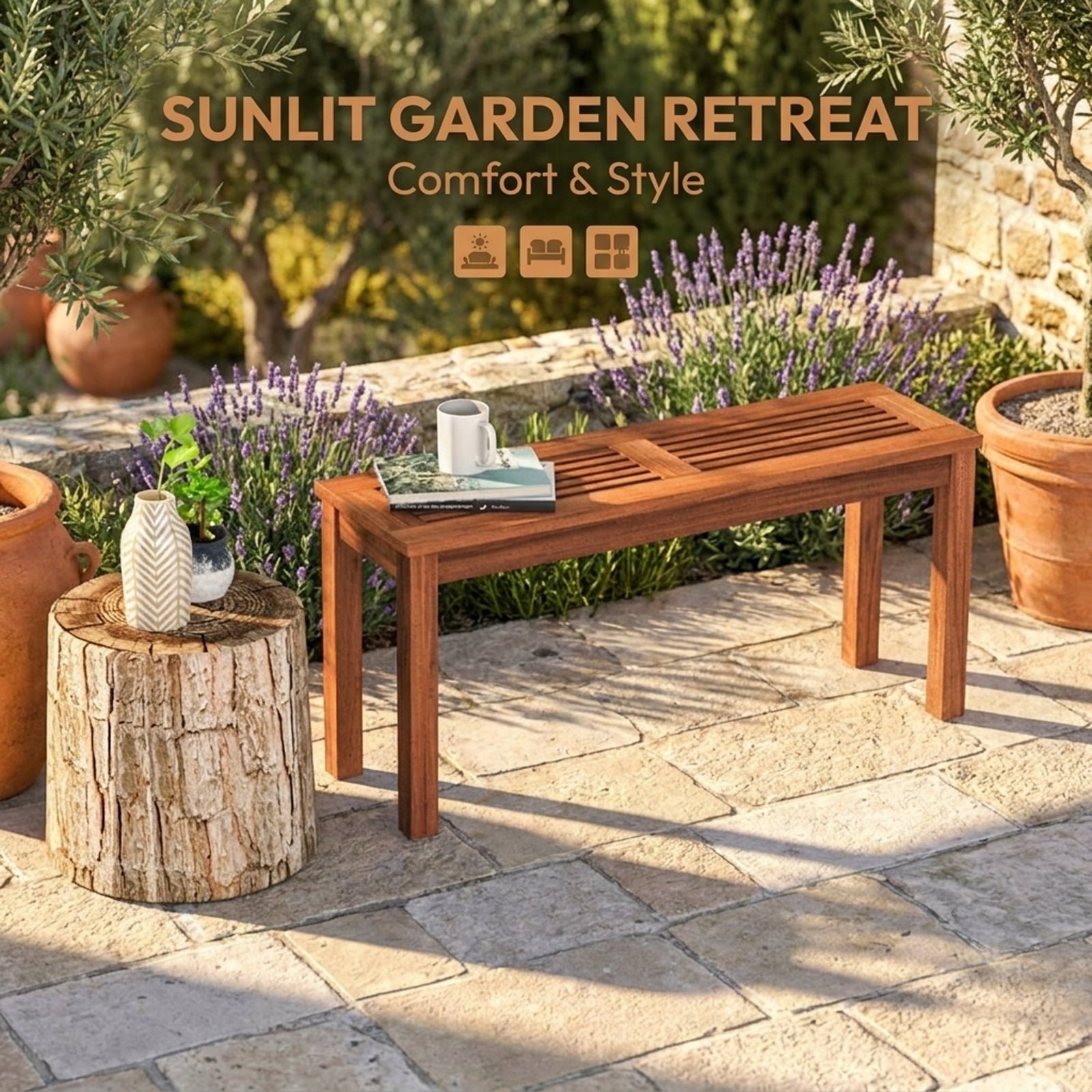 Biotree 2-Seater Patio Backless Dining Bench with Breathable Slatted Seat Stackable Patio Chair for Garden BackyardNatural