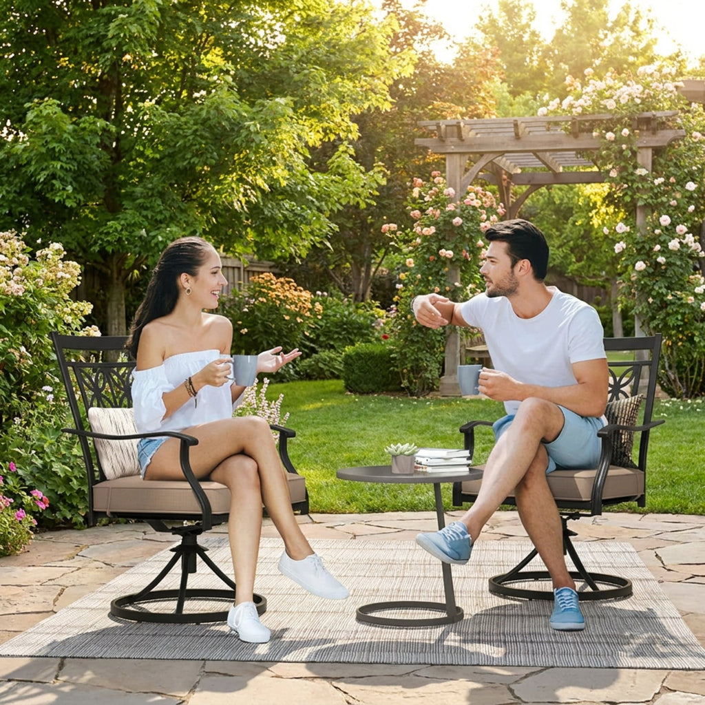 Biotree 2 Pieces Patio Swivel Chairs with Blossom Pattern Backrest and Cushions Stackable Patio Chair for Garden BackyardBlack