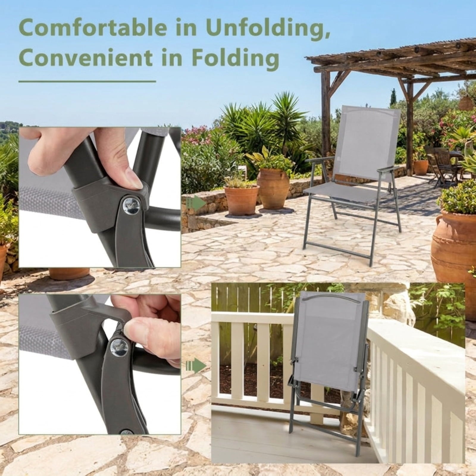 Biotree Set of 4 Patio Folding Chair Set with Rustproof Metal Frame Stackable Patio Chair for Garden BackyardGray