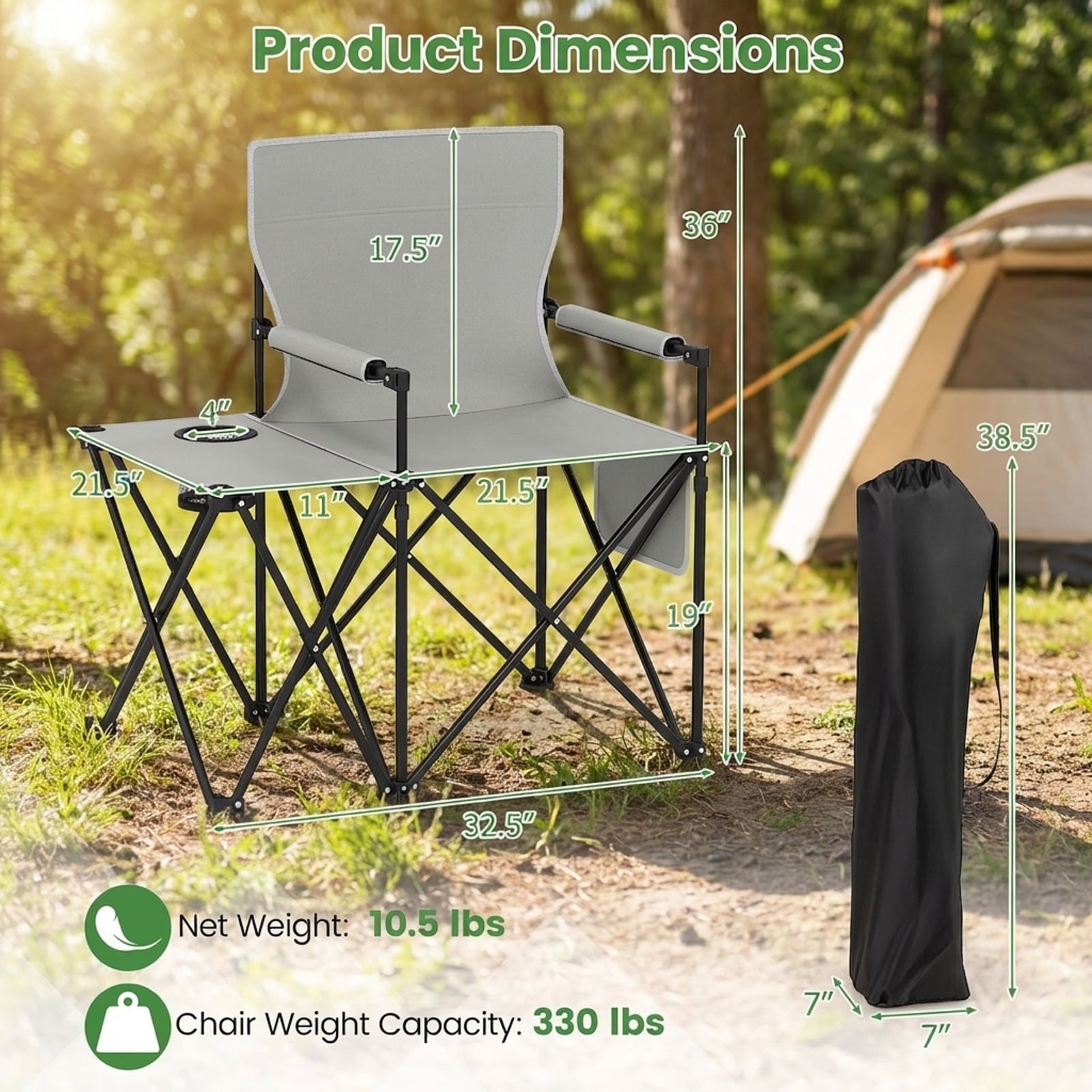 Biotree Heavy Duty Oversized Folding Camping Chair with Side Table and Storage Pockets Portable Outdoor Chair for Adults, Gray