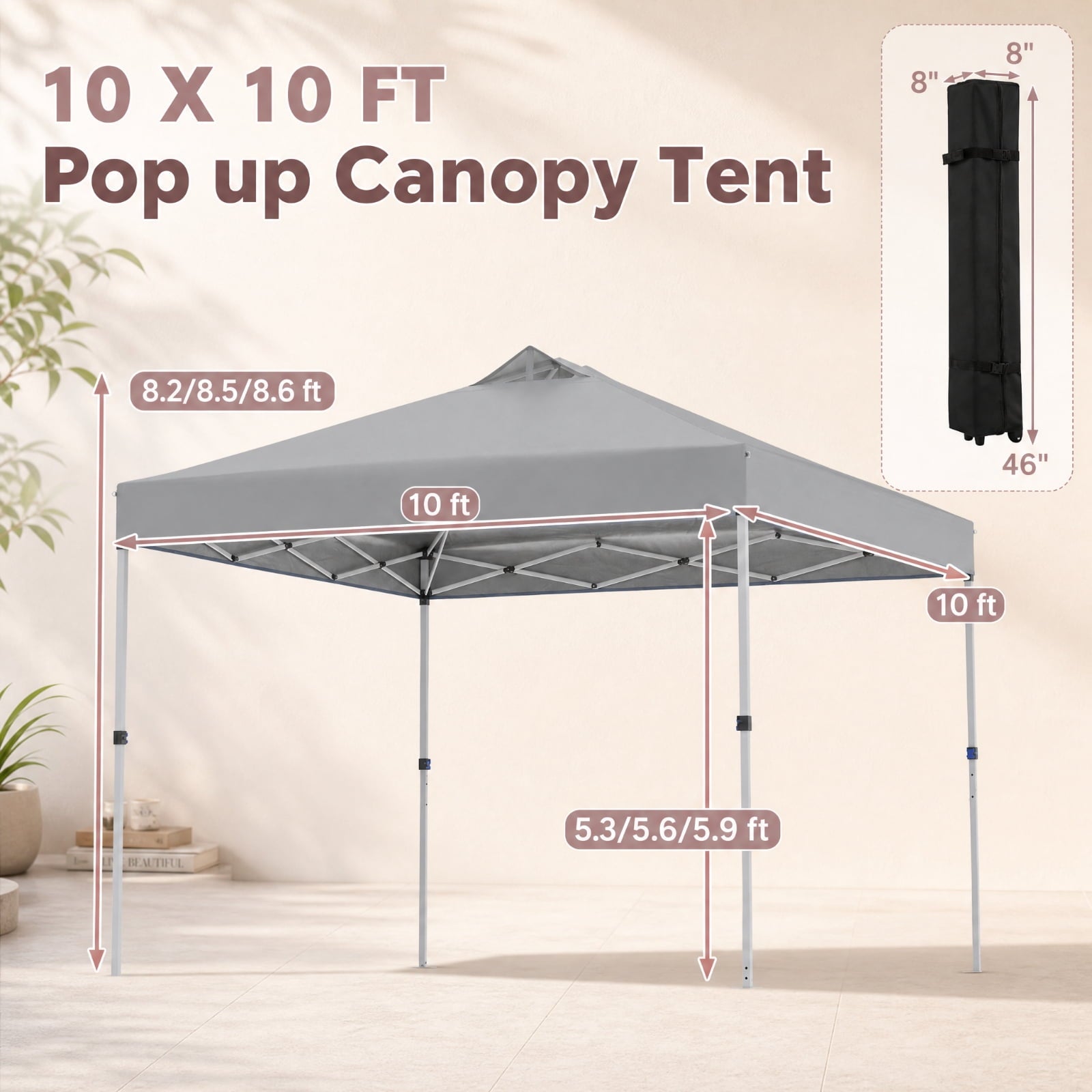 Biotree 10 x 10 Ft Pop Up Canopy Tent, 100 Sq Ft UPF 50+ Vented Shelter with Adjustable Height and Roller Bag for Outdoor Events, Gray