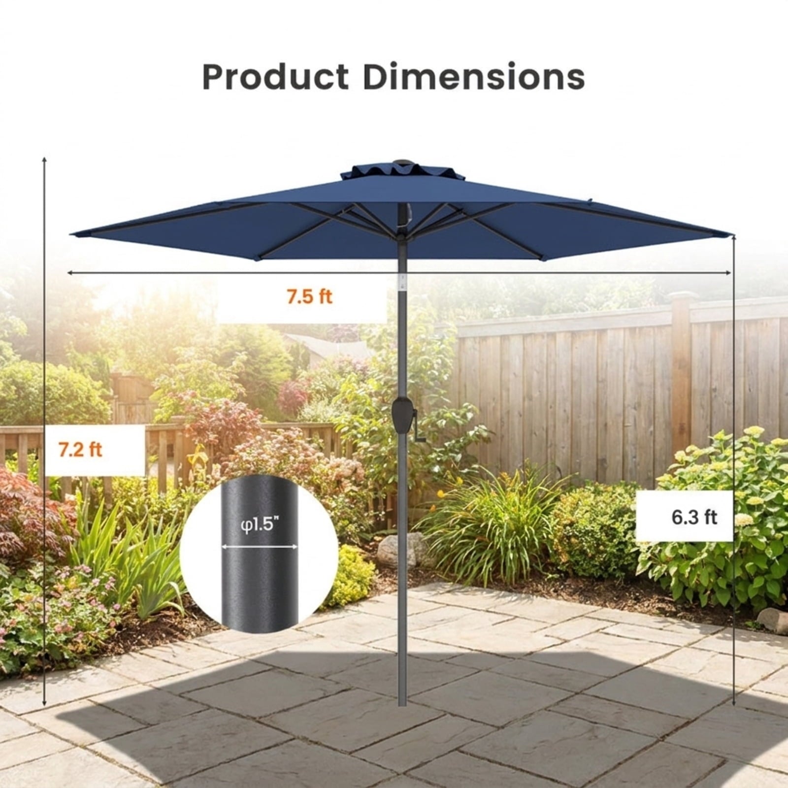 Biotree 7.5 FT Patio Umbrella, Outdoor Patio Heavy Duty Market Umbrella with Push Button Tilt for Patio Garden Backyard Pool, Navy