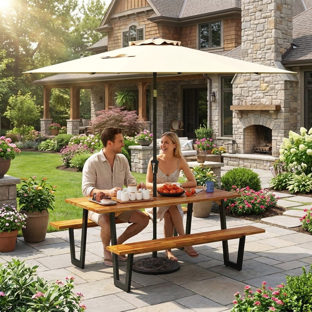 Biotree Outdoor Dining Table Set for 6 with 10 Feet Umbrella and Base, Black