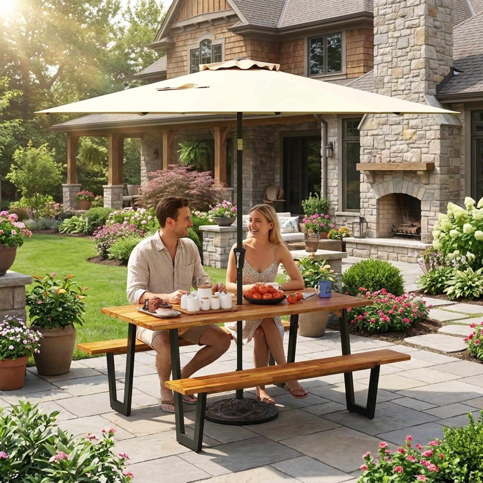 Biotree Outdoor Dining Table Set for 6 with 10 Feet Umbrella and Base, Black