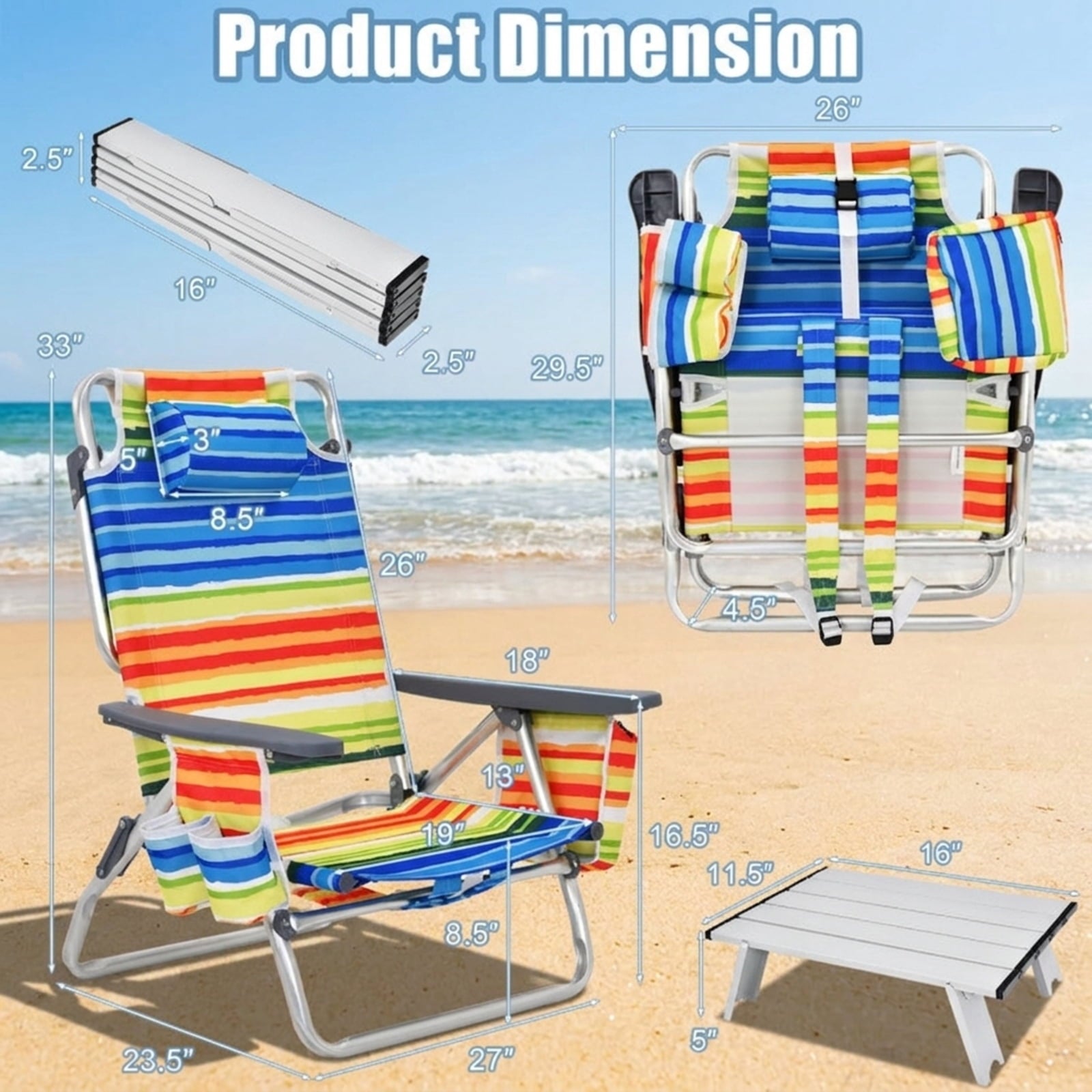 Biotree 2 Packs 5-Position Outdoor Folding Backpack Beach Table Chair Reclining Chair Set Stackable Patio Chair for Garden BackyardYellow