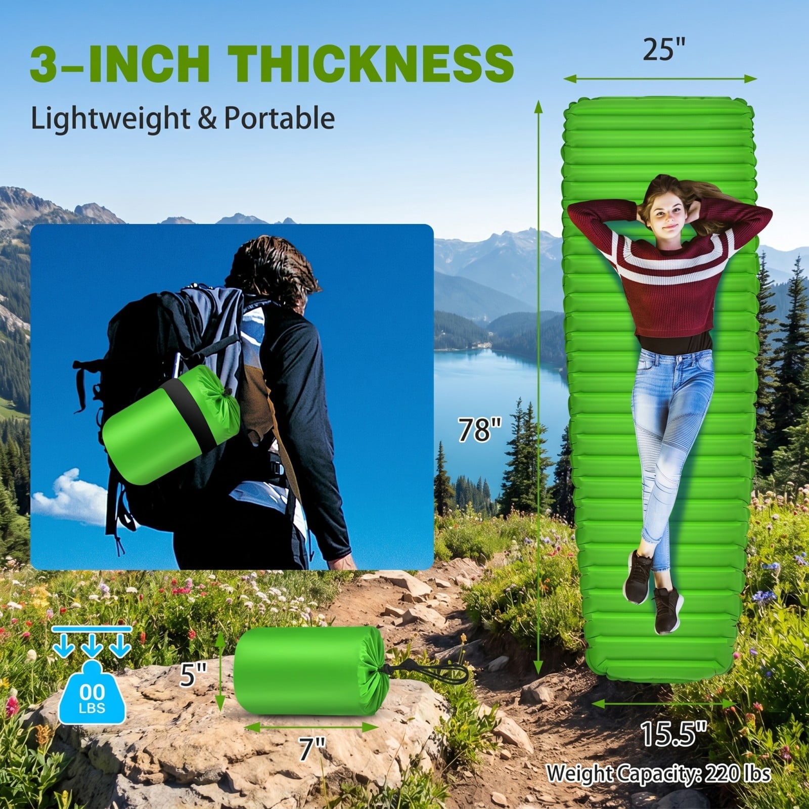 Biotree 3 Inch Thick Inflatable Waterproof Camping Sleeping Pad with Built-In Pump Portable Sleeping Mat for Outdoor, Green