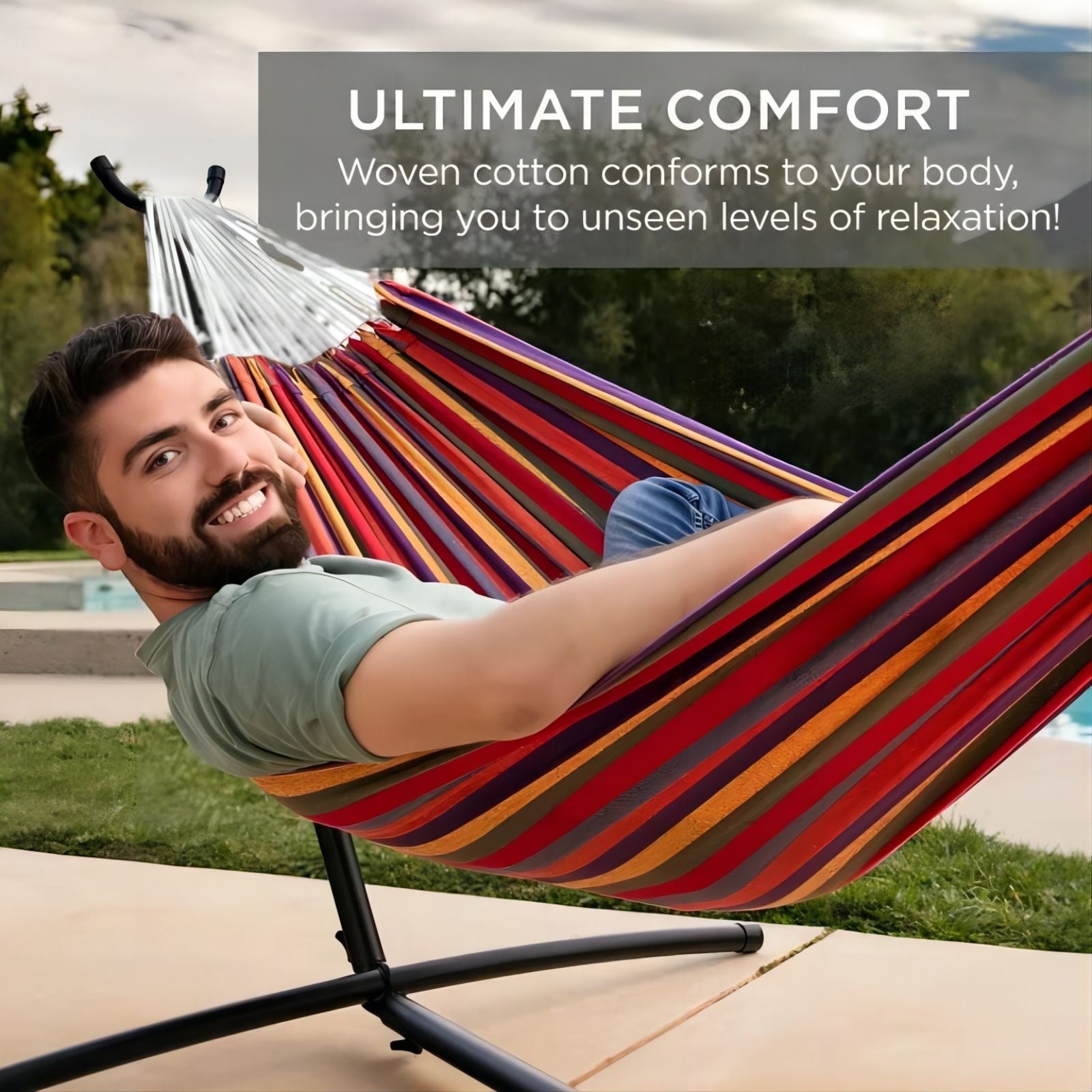 Biotree 2Person Hammock with Space Saving Steel Stand and Portable Carrying Bag, 48W x 120L inch, Red
