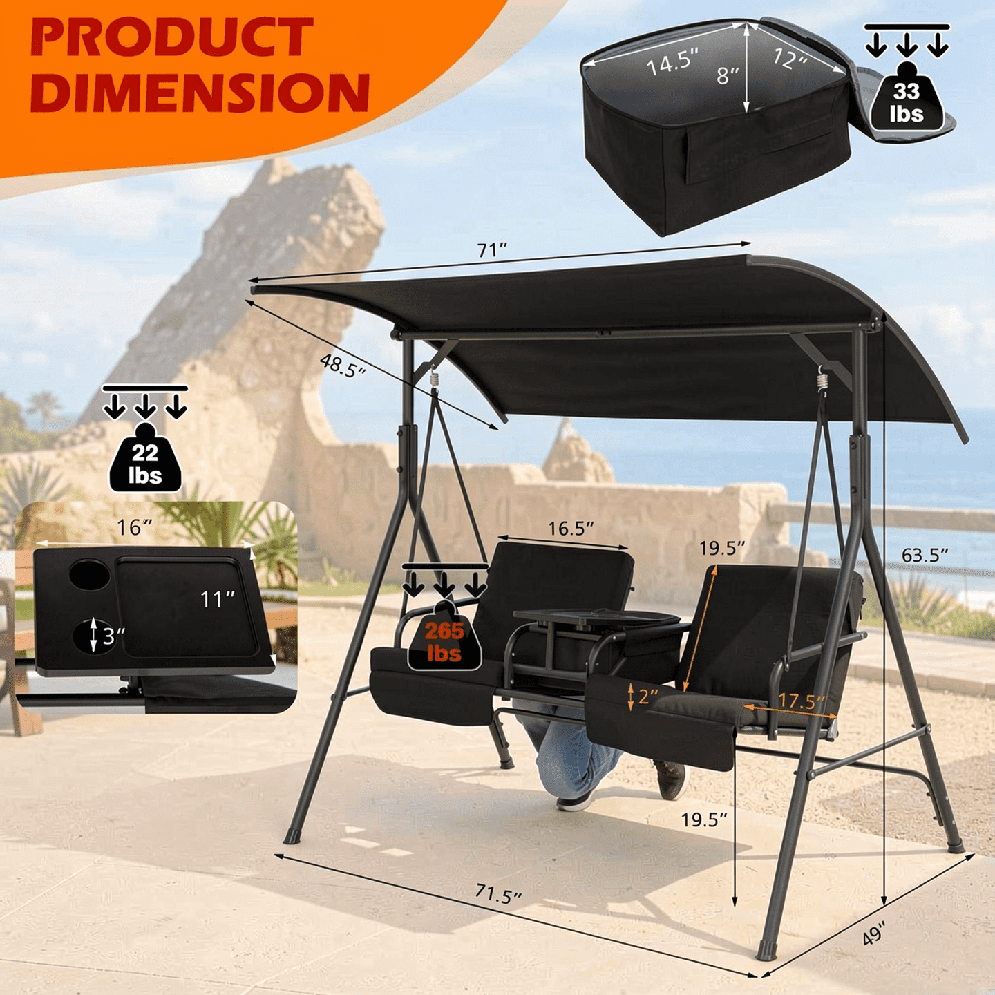 Biotree Porch Swing Chair with Adjustable Canopy and Rotatable Side Tray, 265 LBS Capacity Patio Hammock Glider Bench Cooler Bag for Garden Yard Deck, Black
