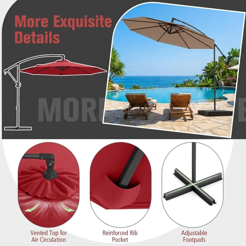 Biotree 10 ft Cantilever Patio Umbrella Offset Hanging with Cross Base, 8 Ribs - Wine for Backyard Garden Poolside