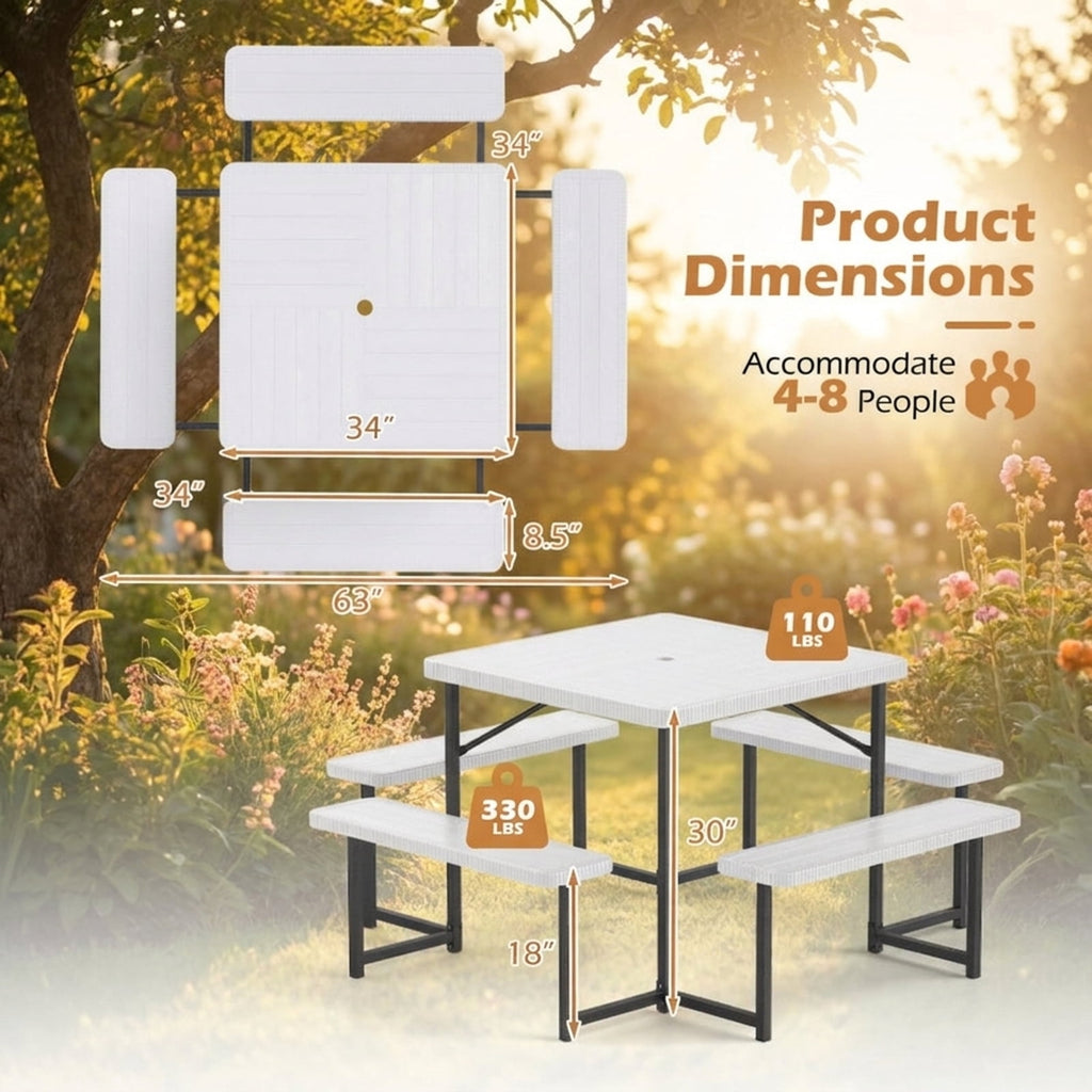 Biotree 63-Inch Outdoor Square Picnic Table Bench Set for 4-8 People with Umbrella Hole, White