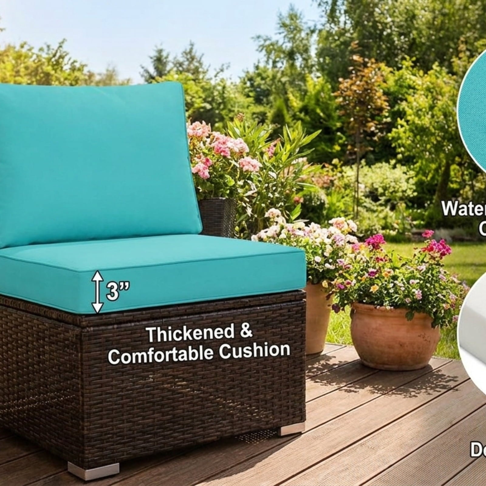 Biotree 3 Pieces Patio Rattan Furniture Set with Washable Cushion and Acacia Wood TabletopTurquoise