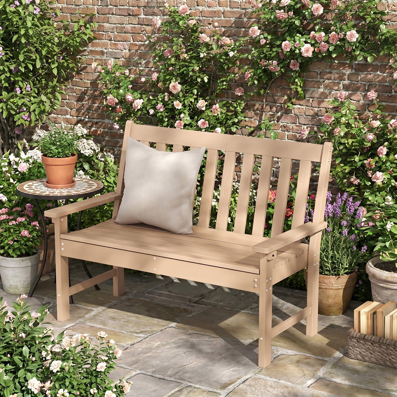 Biotree 52 Inch All-Weather HDPE Outdoor Bench with Backrest and Armrests Stackable Patio Chair for Garden BackyardTeak