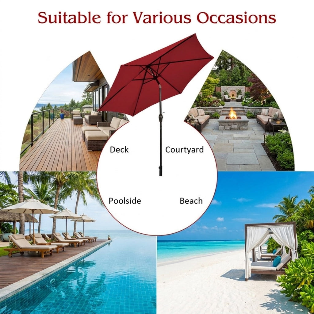 Biotree 9 ft Market Patio Umbrella with Crank and Tilt, 8 Sturdy Ribs, Vented Canopy - Burgundy for Backyard