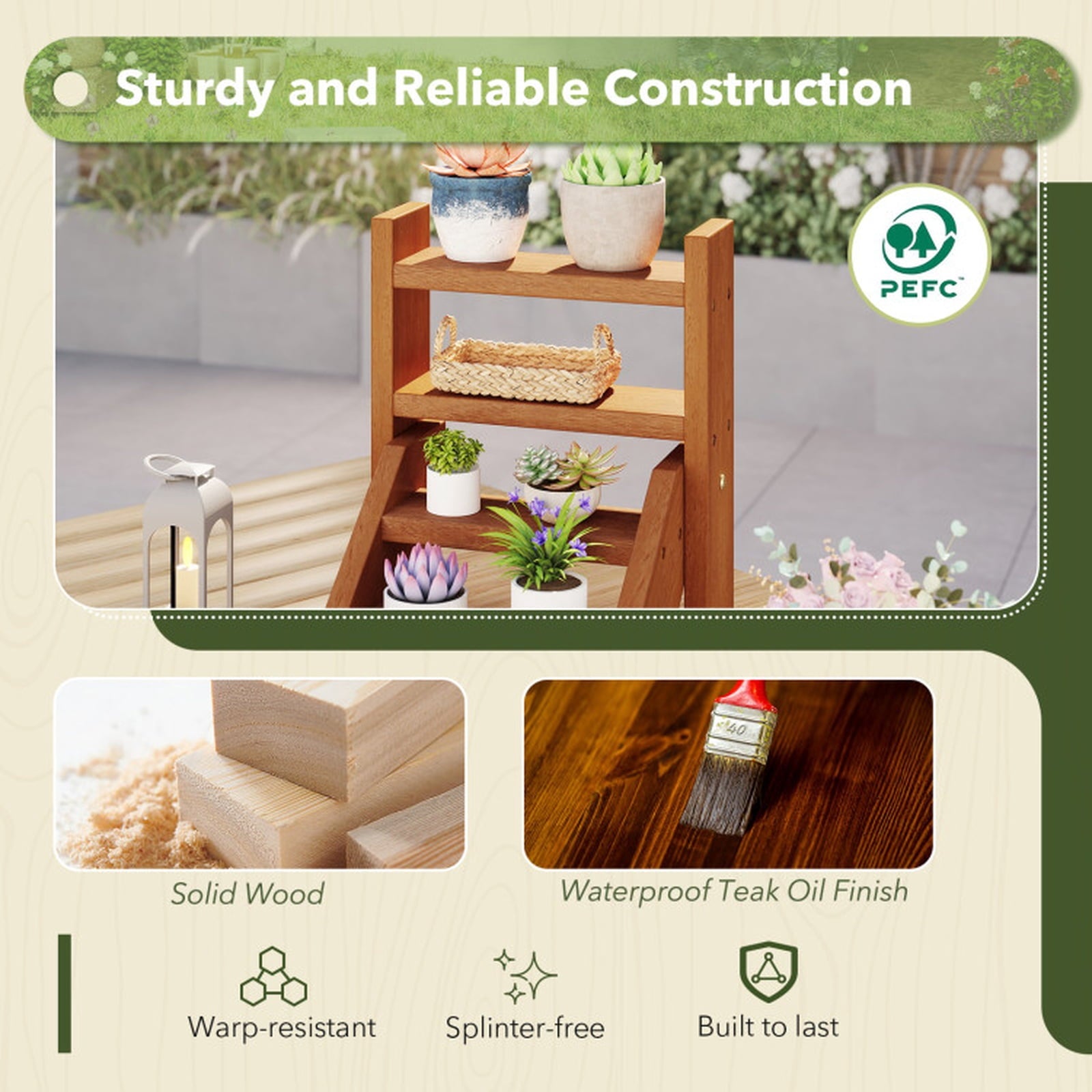 Biotree 4-Tier Solid Wood Plant Stand, Ladder Flower Shelf for Succulents and Small Pots, Waterproof Teak Oil Finish, Compact Indoor Outdoor Display Rack for Window Sill, Desktop and Balcony, Natural