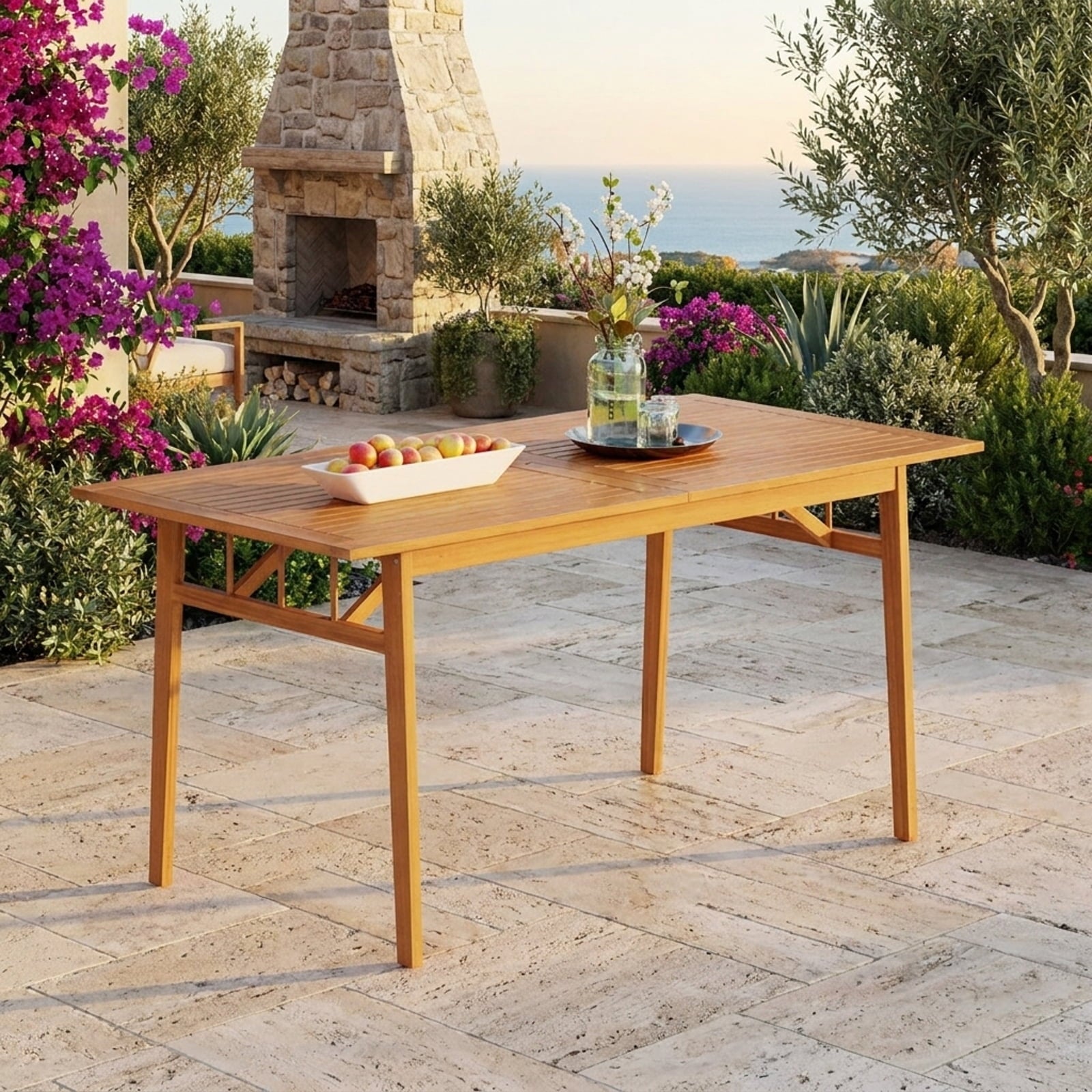 Biotree 63-Inch Outdoor Wooden Dining Table with Umbrella Hole and Stable Base, Natural