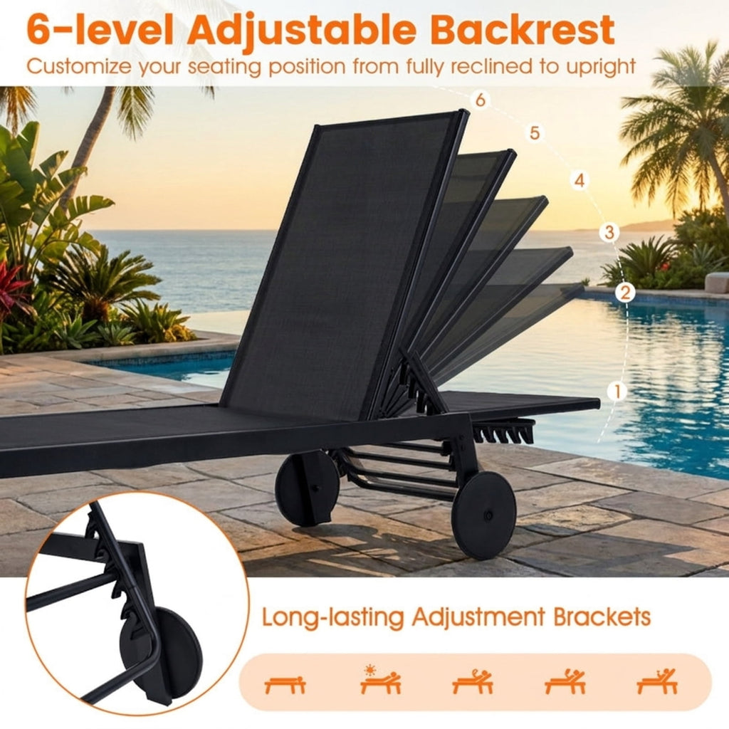 Biotree Patio Chaise Lounge Chair with Wheels and 6-Level Adjustable Backrest Set of 1 Stackable Patio Chair for Garden BackyardBlack