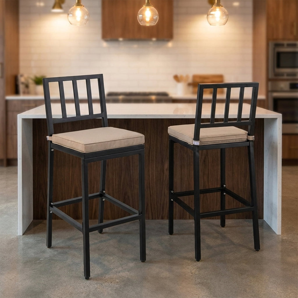 Biotree Set of 2 Patio Bar Chairs with Detachable Cushion and Footrest, Black - Outdoor Patio Bar Height Chair with Footrest