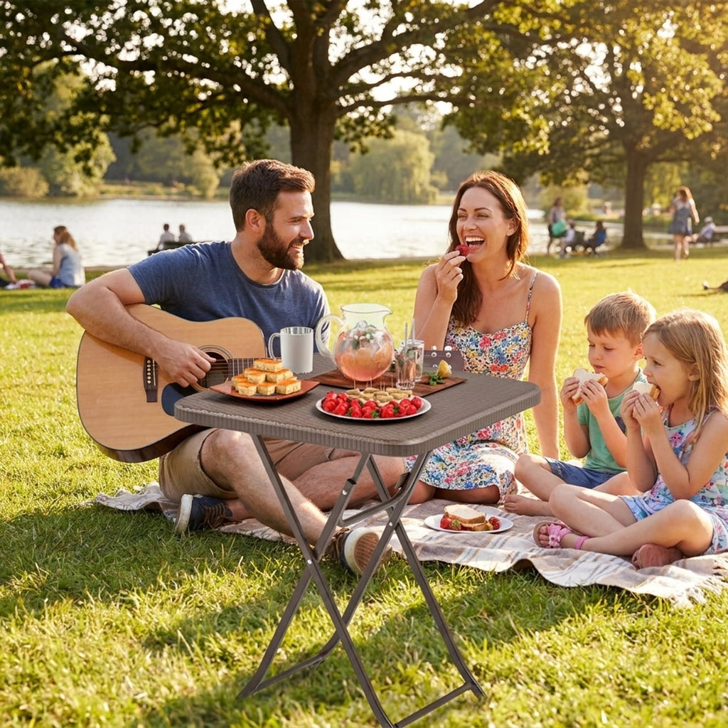 Biotree Folding Picnic Table with Rattan Grain HDPE Tabletop and Sturdy Metal Fame, Coffee