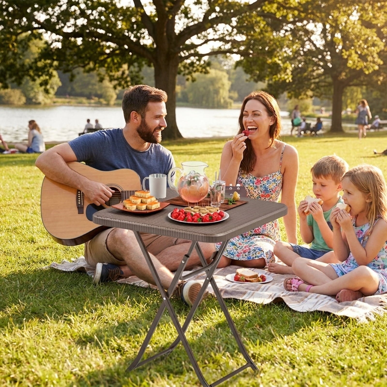 Biotree Folding Picnic Table with Rattan Grain HDPE Tabletop and Sturdy Metal Fame, Coffee