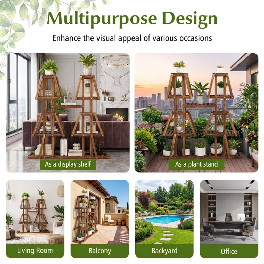Biotree 5-Tier 10 Potted Wood Plant Stand for Multiple Plants for Indoor Outdoor Patio Balcony Garden, Brown