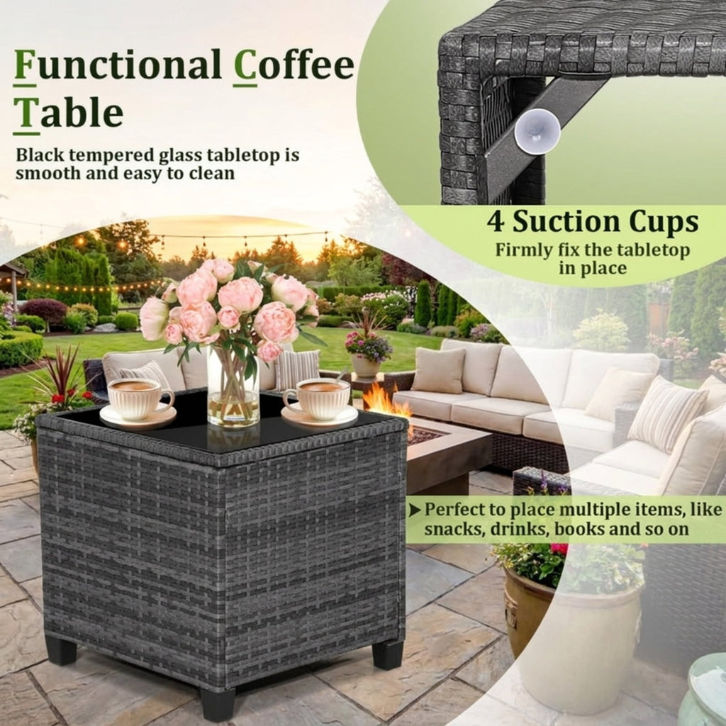 Biotree 3 Pieces Outdoor Wicker Conversation Set with Tempered Glass Tabletop Outdoor Conversation Set for Garden Backyard PorchNavy