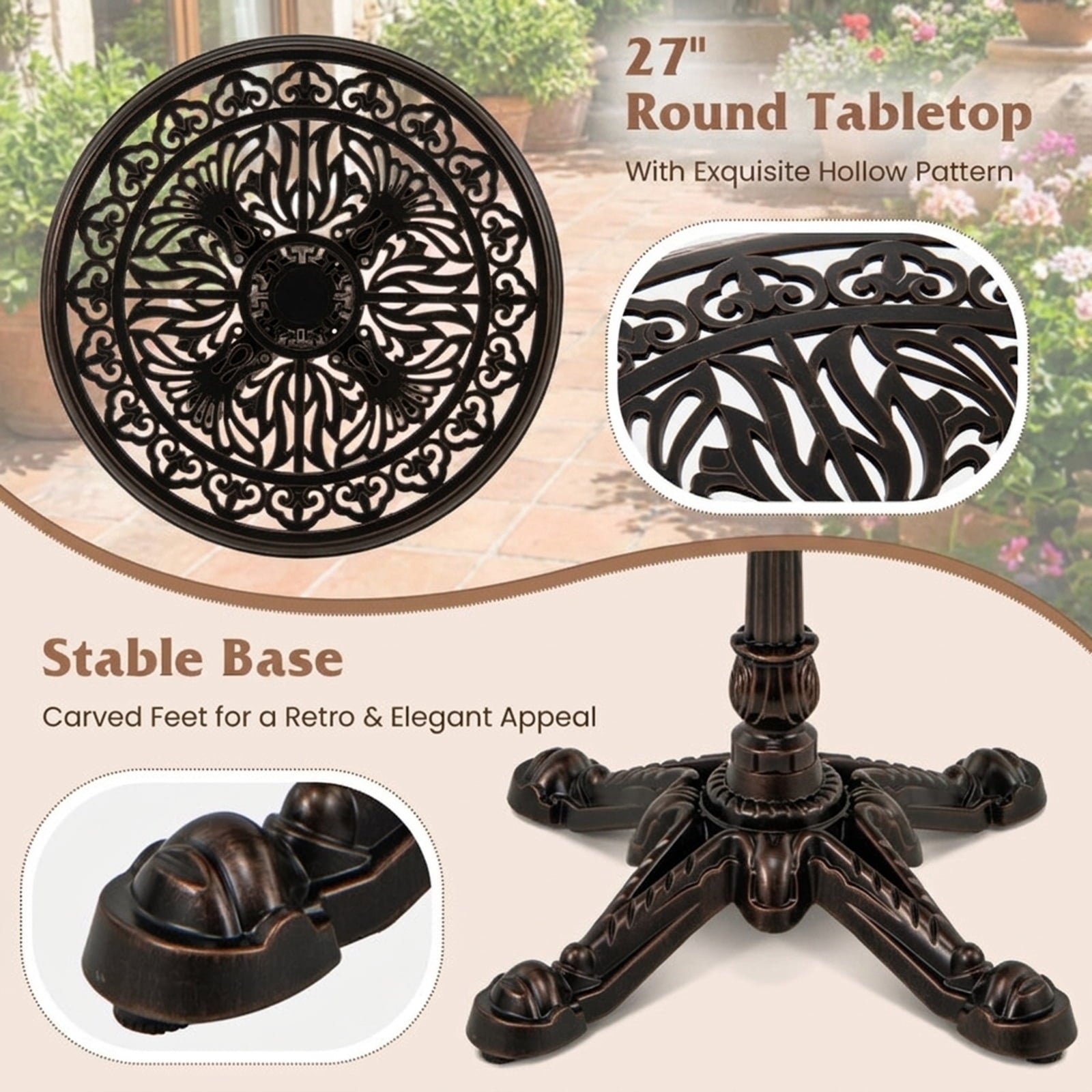 Biotree 27Inch Round Cast Aluminum Patio Bistro Table with Hollow Top, Walnut