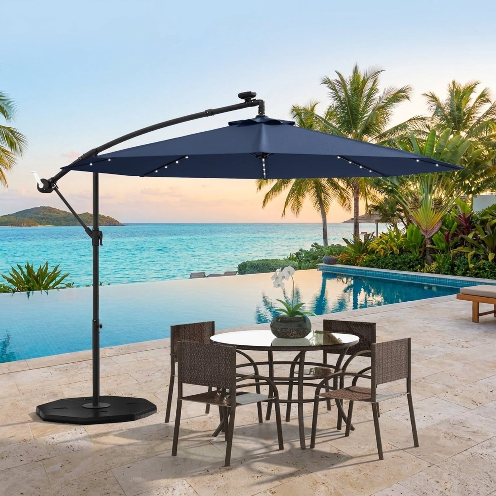 Biotree 10 ft Solar LED Cantilever Patio Umbrella Offset Hanging with Cross Base, 8 Ribs - Navy Blue
