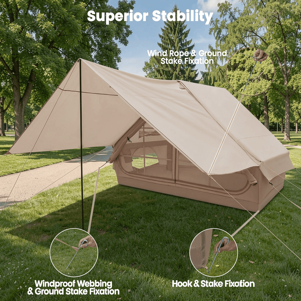 Biotree 4-6 Person Inflatable Camping Tent with Front Porch and Carrying Bag for Family Outdoor Adventures, Beige