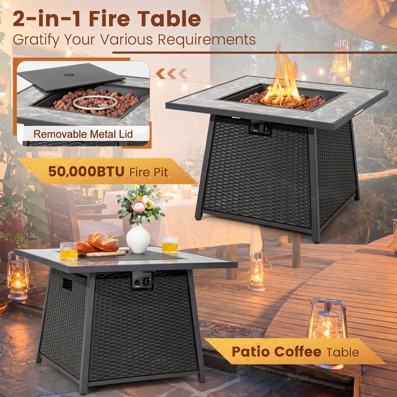 Biotree 35 Inch Propane Gas Fire Pit Table Wicker Rattan with Lava Rocks PVC Cover for Outdoor Patio Backyard Garden Camping, Black