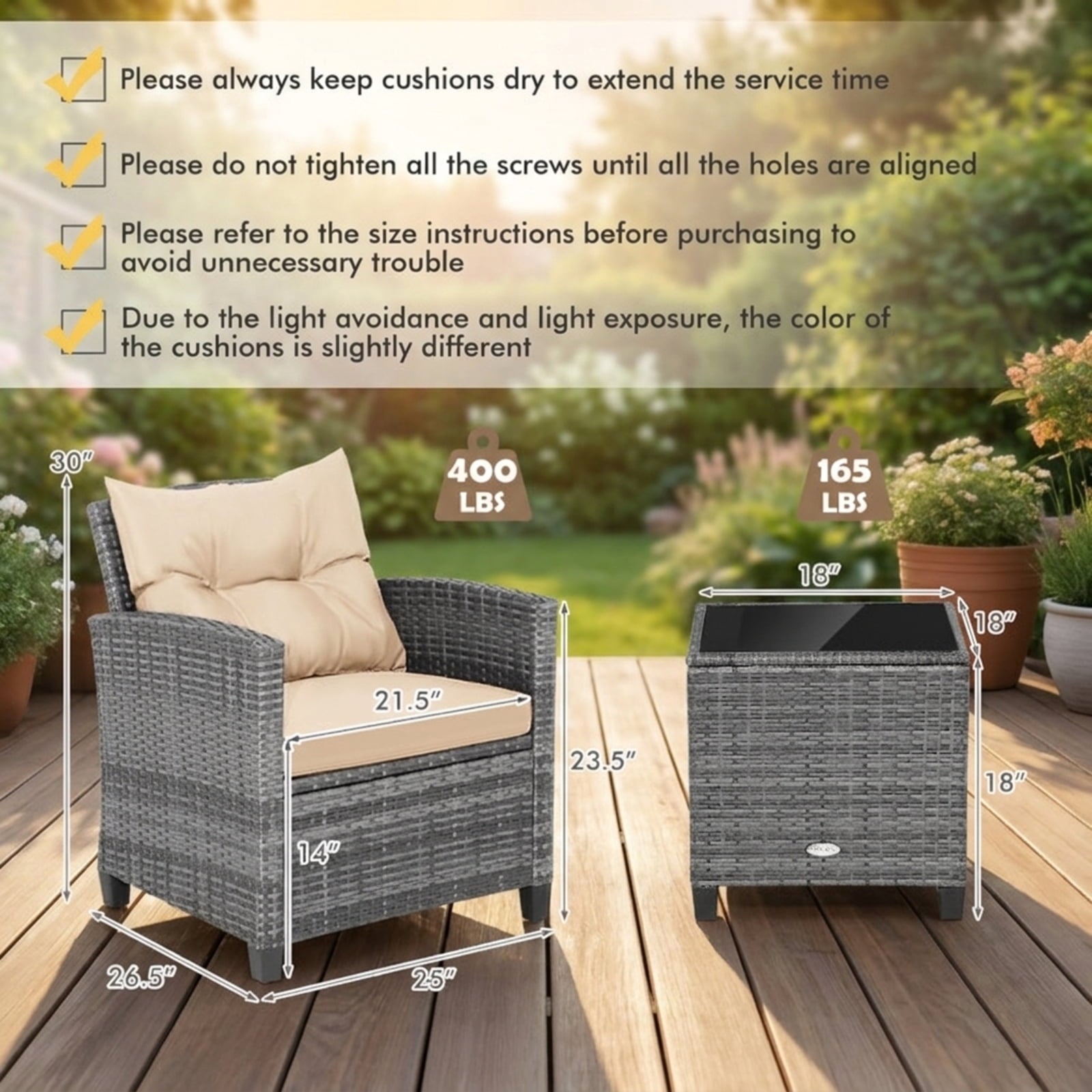 Biotree 3 Pieces Outdoor Wicker Conversation Set with Tempered Glass Tabletop Outdoor Conversation Set for Garden Backyard PorchBeige