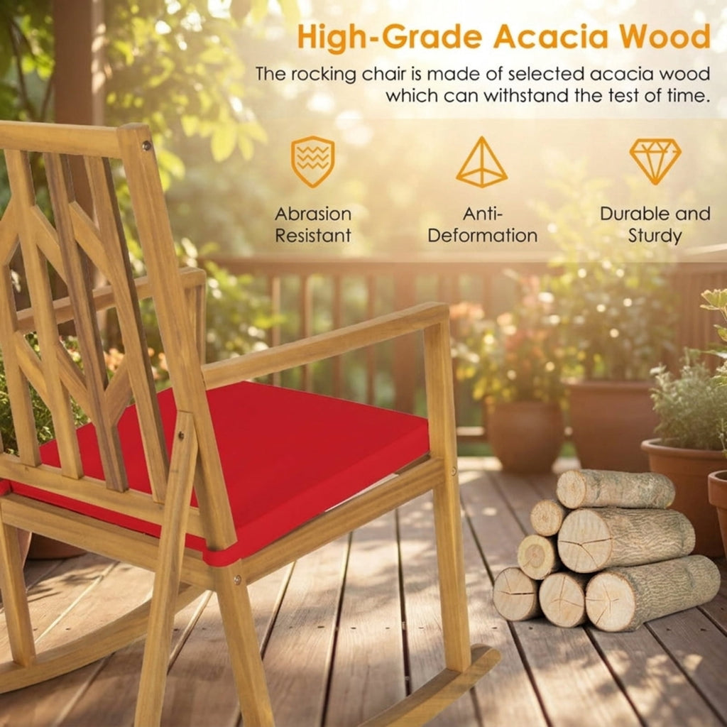 Biotree Patio Acacia Wood Rocking Chair Sofa with Armrest and Cushion for Garden and Deck Stackable Patio Chair for Garden BackyardRed