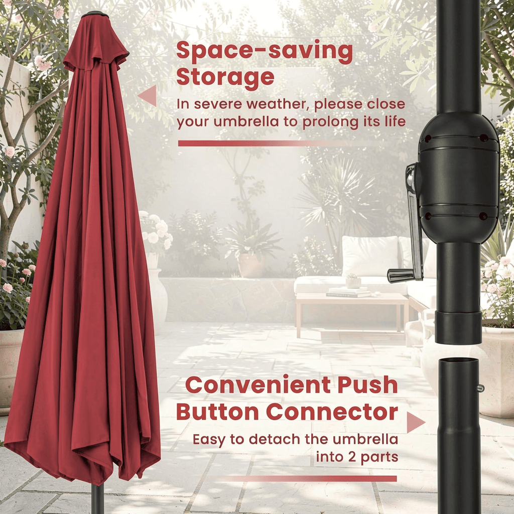 Biotree 12 ft Market Patio Umbrella with Crank and Tilt, 8 Sturdy Ribs, Vented Canopy - Red for Backyard