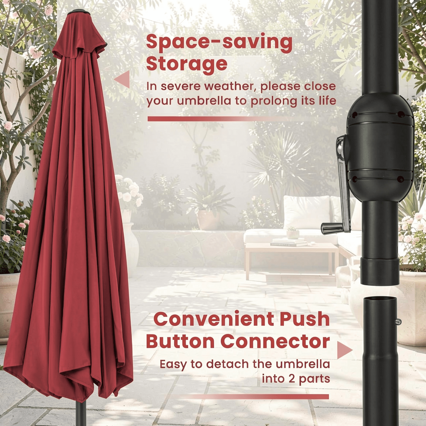 Biotree 12 ft Market Patio Umbrella with Crank and Tilt, 8 Sturdy Ribs, Vented Canopy - Red for Backyard