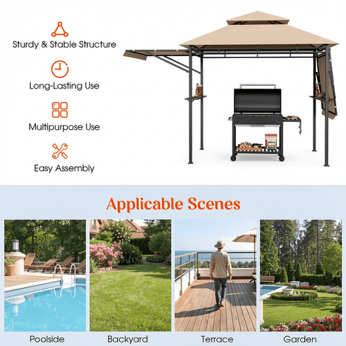 Biotree 13.5 x 4 Feet Patio BBQ Grill Gazebo Canopy with Dual Side Awnings Brown - Outdoor Patio Backyard Garden Shade Canopy Shelter