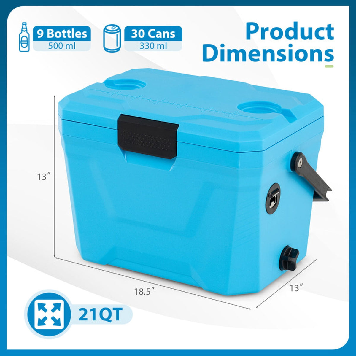 Biotree Hard Cooler 21 Qt Insulated Portable Ice Chest with Hard Shell and 2 Cup Holders for Camping Fishing and Beach Trips, Blue