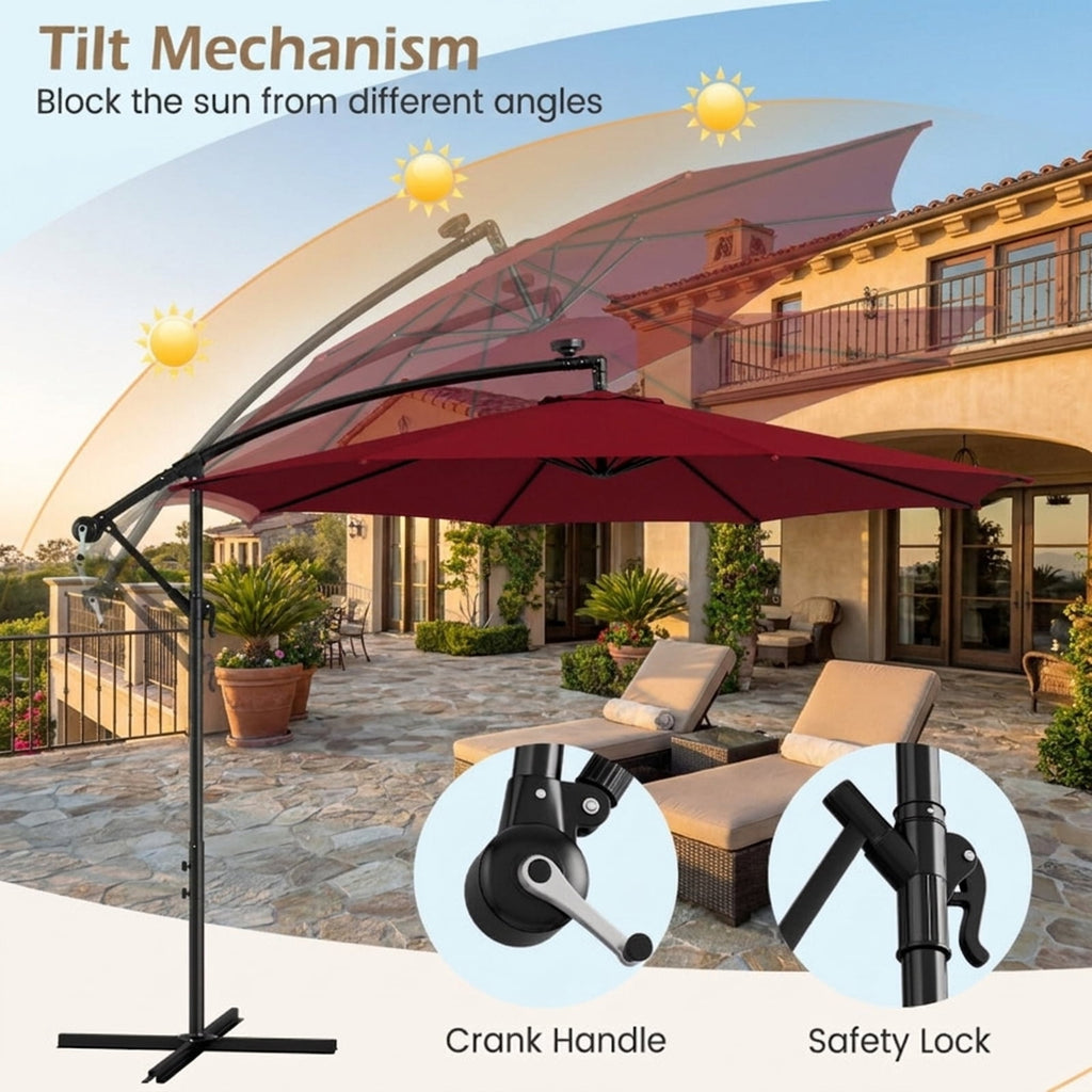 Biotree 10 ft Cantilever Offset Patio Umbrella Solar LED Lights Outdoor Shade - Red - UV Protection with Cross Base
