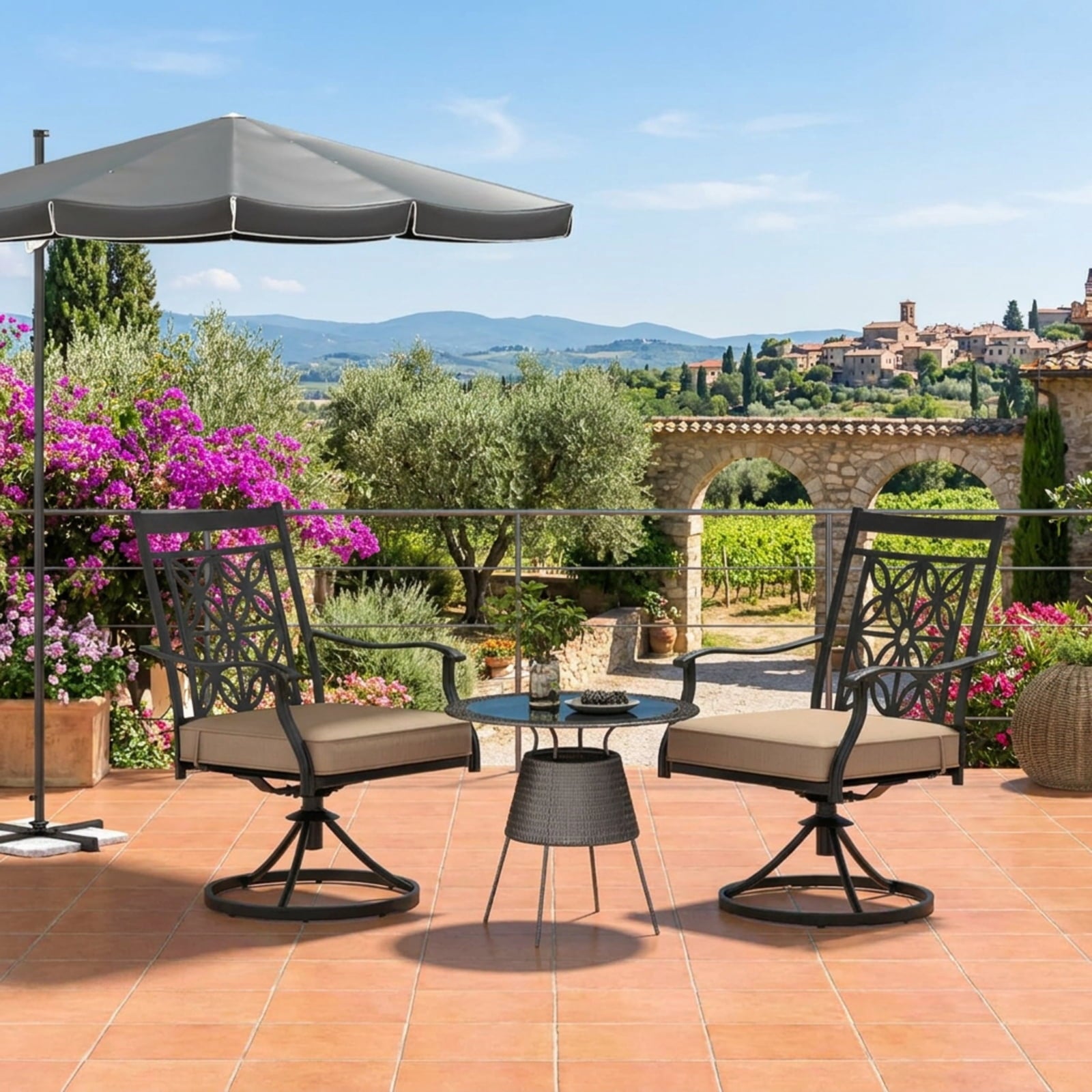 Biotree 2 Pieces Patio Swivel Chairs with Blossom Pattern Backrest and Cushions Stackable Patio Chair for Garden BackyardBlack