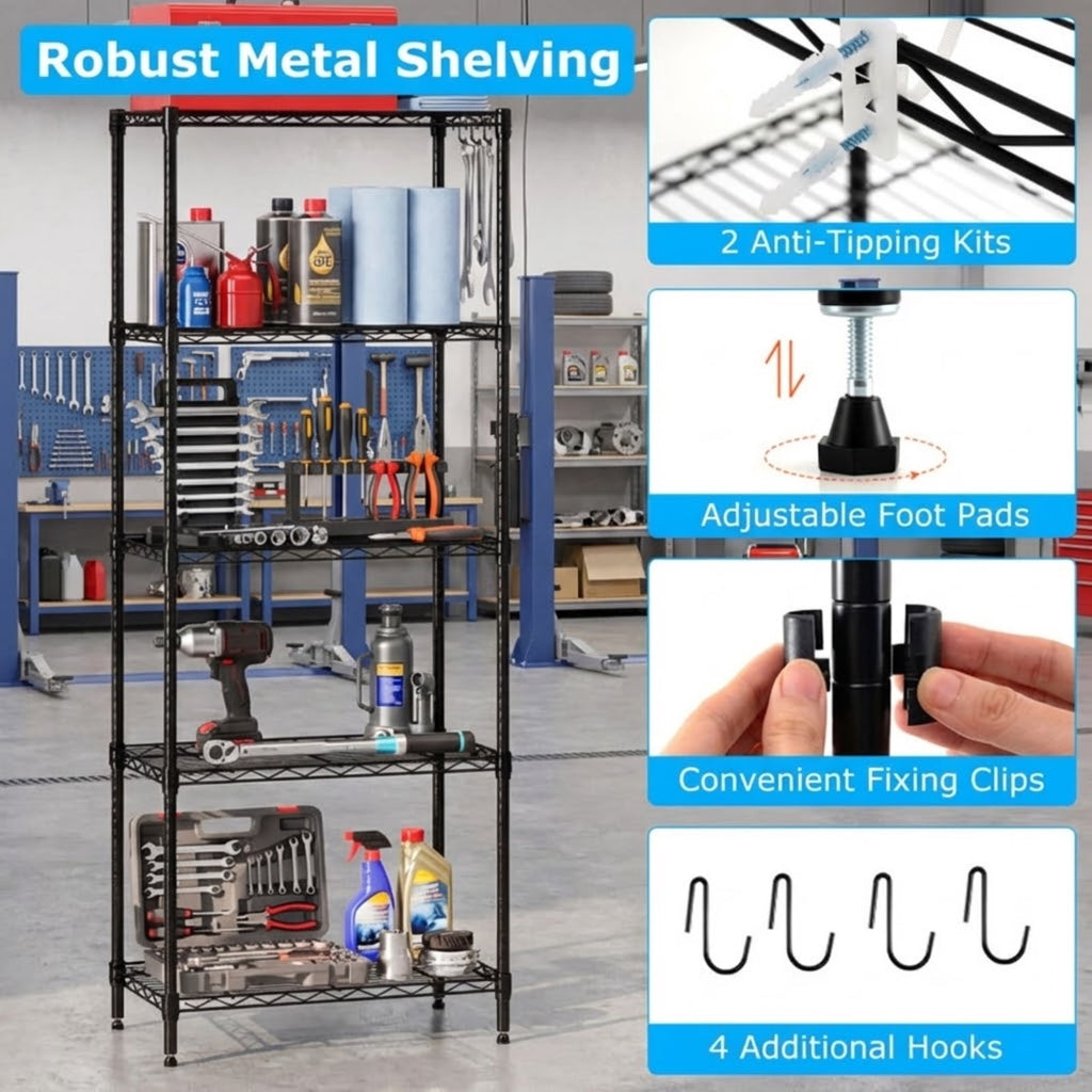 Biotree 5-Tier Metal Storage Shelving Unit with V-Shaped Wire Rack, 750 LBS Capacity Heavy Duty Garage Shelves Utility Rack for Basement Warehouse Pantry, Black