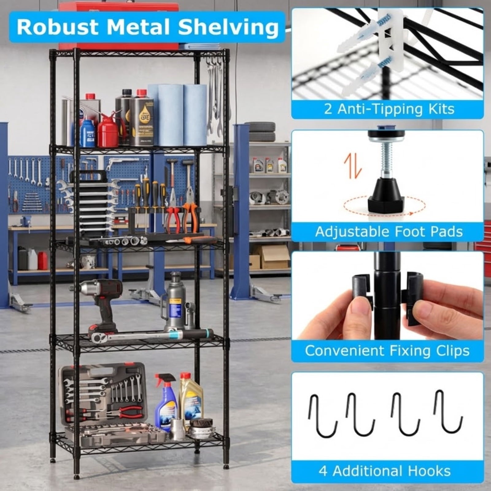 Biotree 5-Tier Metal Storage Shelving Unit with V-Shaped Wire Rack, 750 LBS Capacity Heavy Duty Garage Shelves Utility Rack for Basement Warehouse Pantry, Black