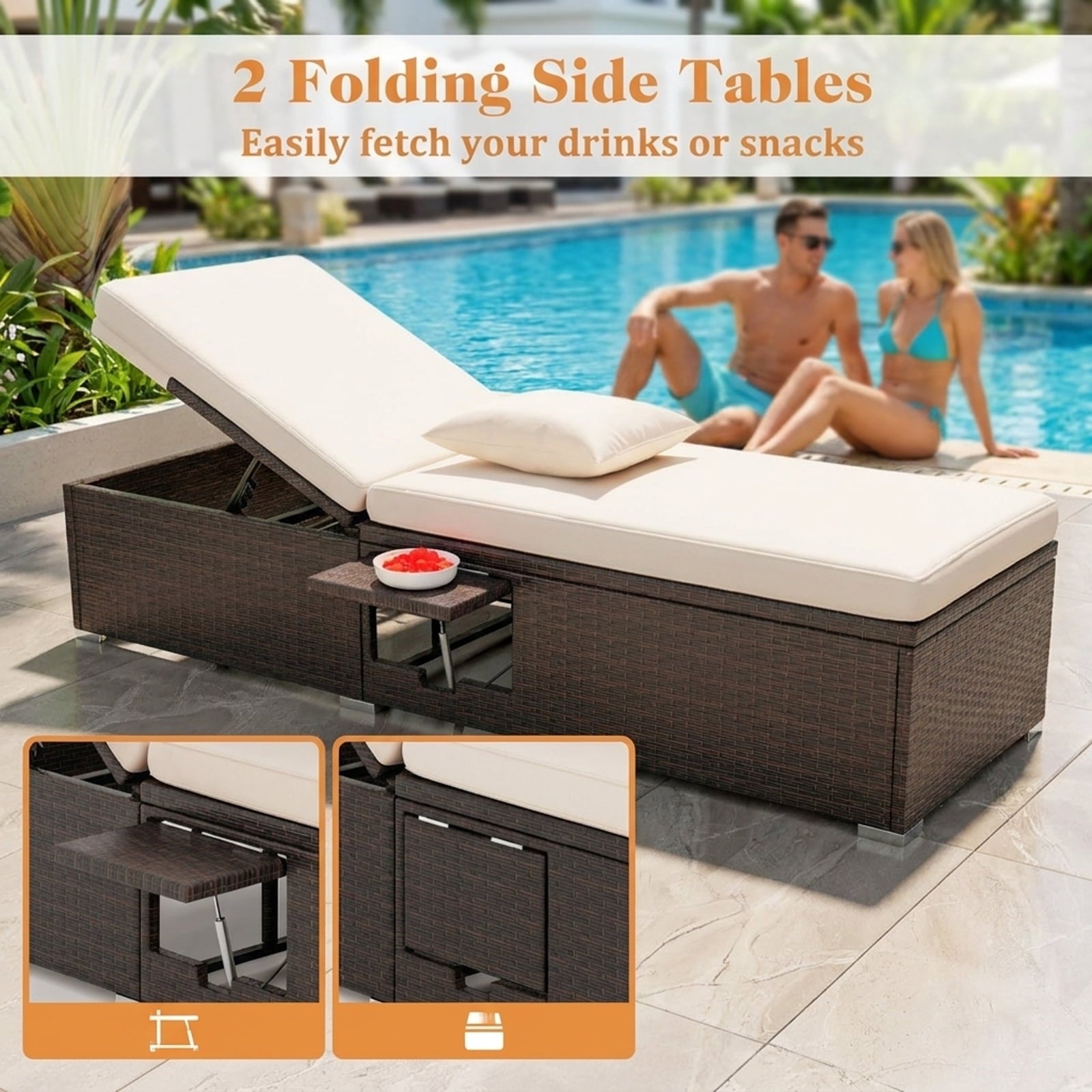 Biotree Patio Double Chaise Lounge with Cushions and Folding Side Trays Stackable Patio Chair for Garden BackyardBeige