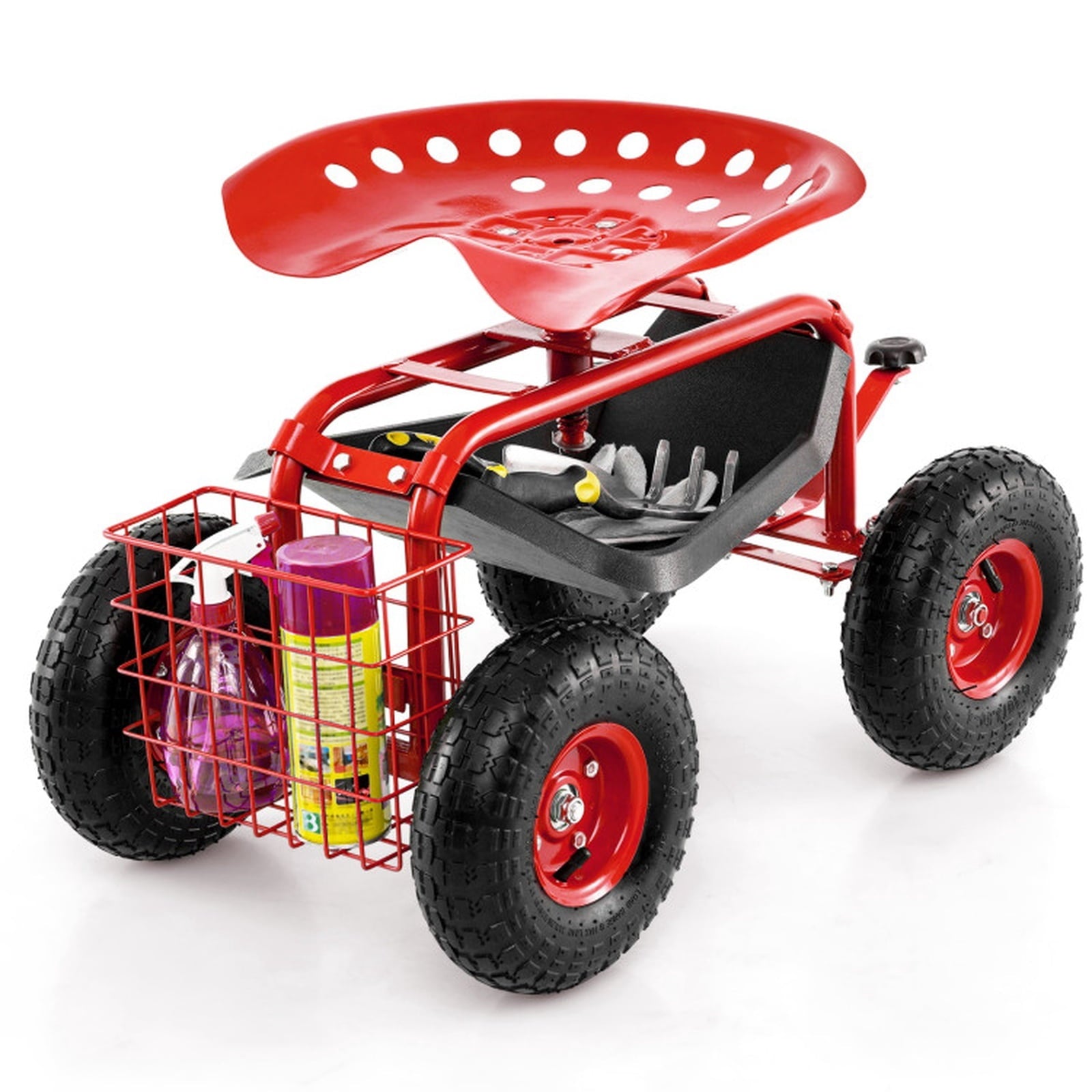 Biotree 4-Wheel Rolling Garden Cart Work Seat for Garden Yard Lawn Work Outdoor, Red
