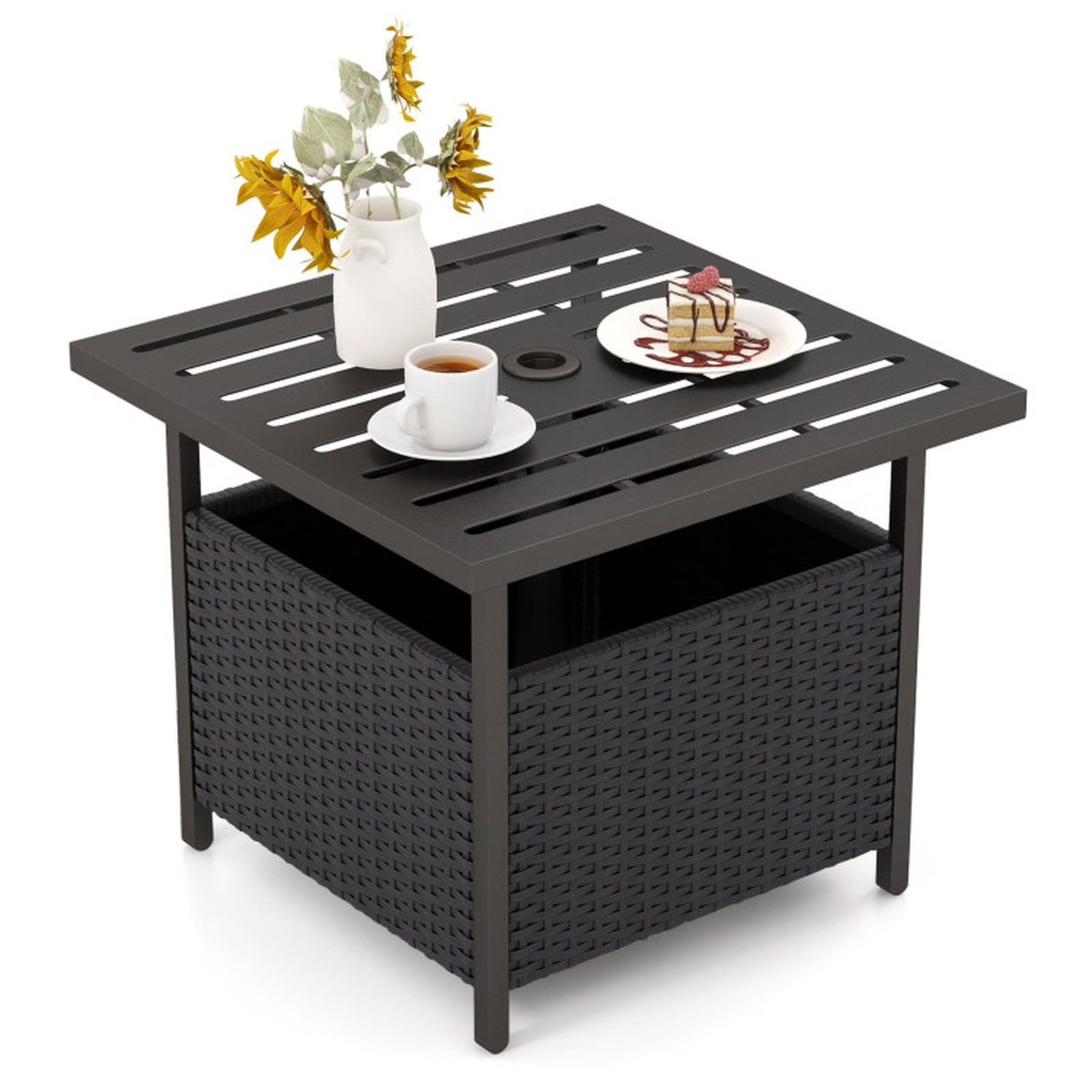 Biotree Outdoor Patio Rattan Wicker Steel Side Deck Table, Dark Brown