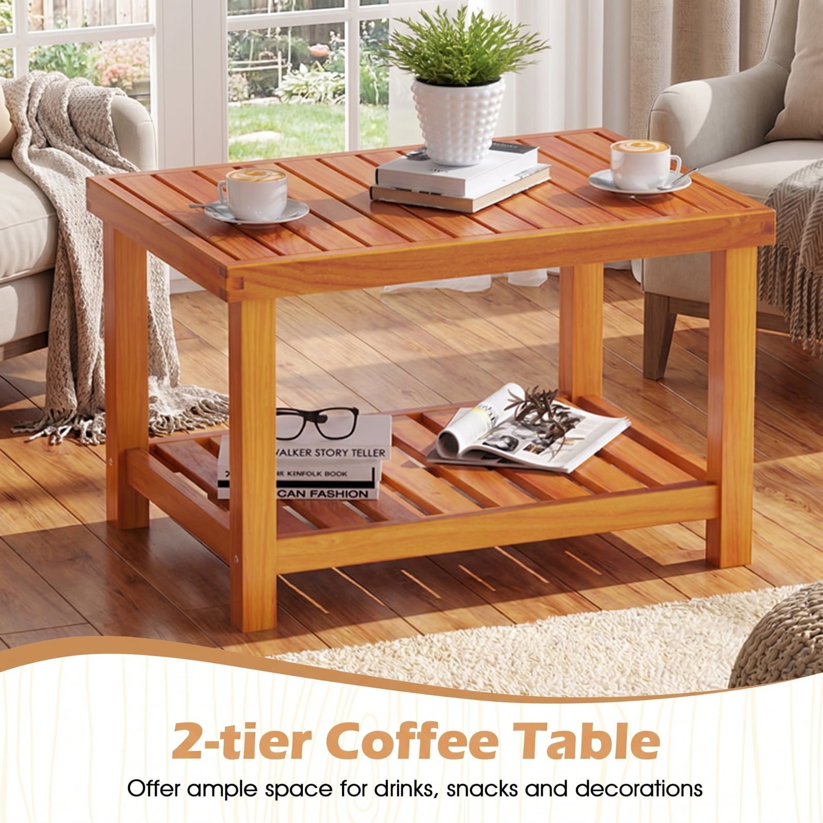 Biotree 4 Pieces Wicker Furniture Set with Acacia Wood Tabletop and Armrests for Porch Outdoor Conversation Set for Garden Backyard PorchWhite